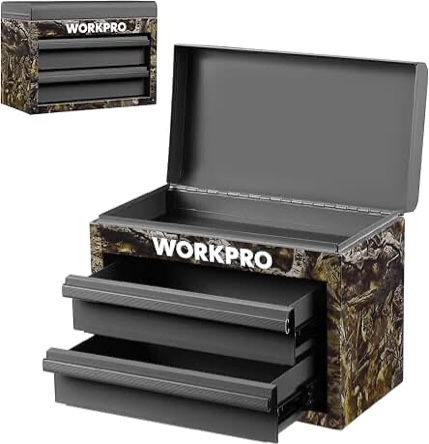 WORKPRO Metal Mini Tool Box, Top Tool Chest containing Two Drawers with Ball Bearing Slides, PVC Dra
