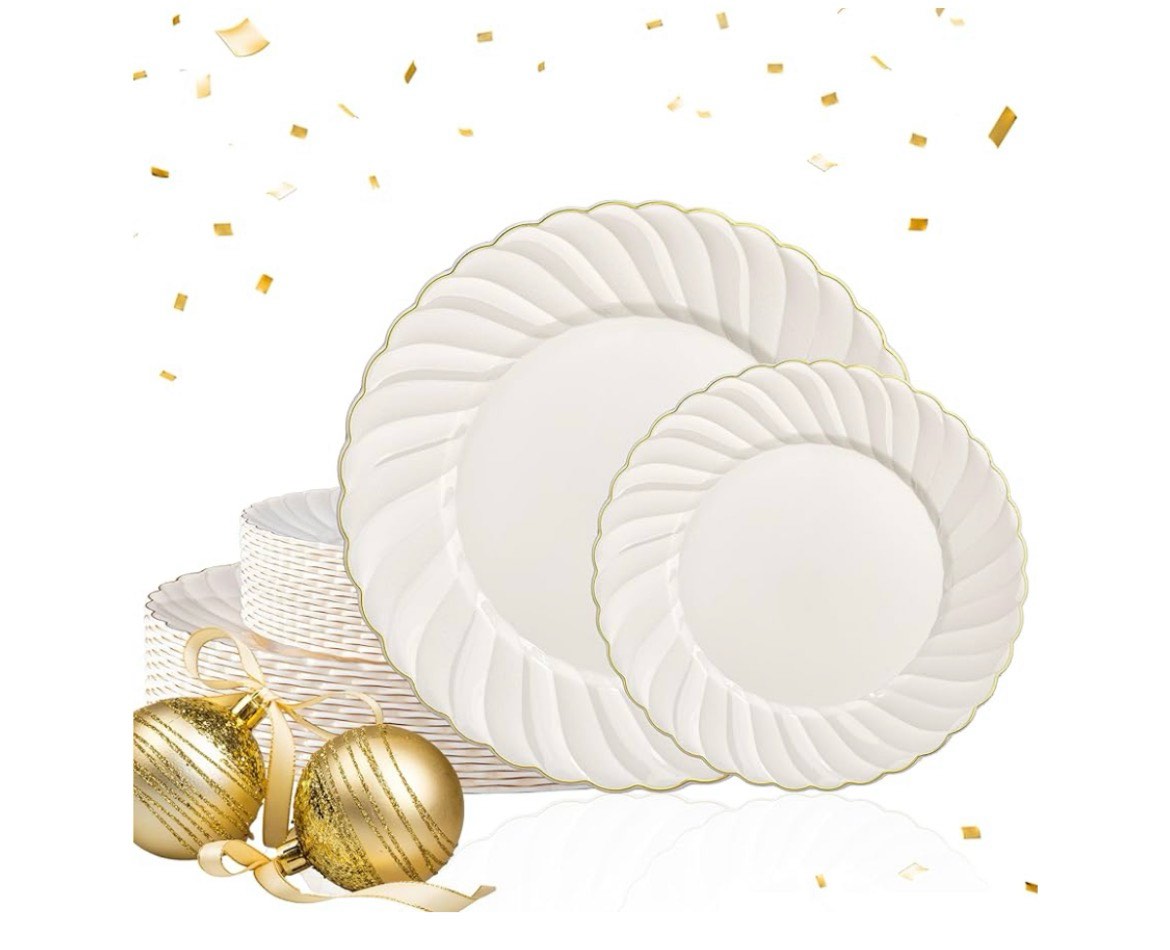 U-QE 60 Pcs Ivory Plastic Plates with Gold Trim – Scalloped Plates Disposable Heavy Duty - Elegant P