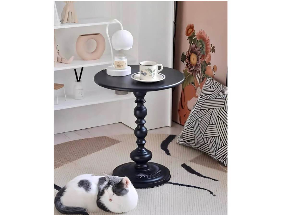 SJIE Side Table - 13.8" Round Small Accent Table with Metal Base, Multifunctional Vintage Coffee Tab