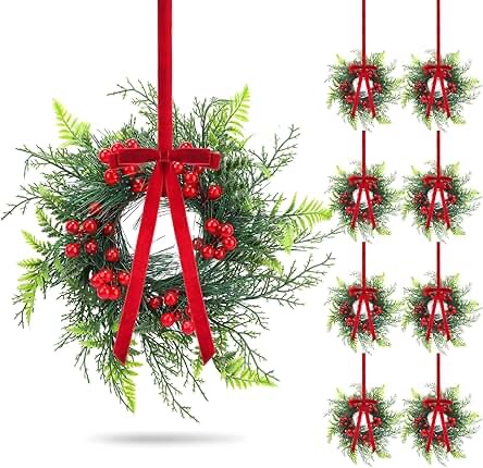 8 Pack 11 Inch Mini Christmas Wreath Small Christmas Kitchen Cabinet Wreaths with Red Velvet Bow Art