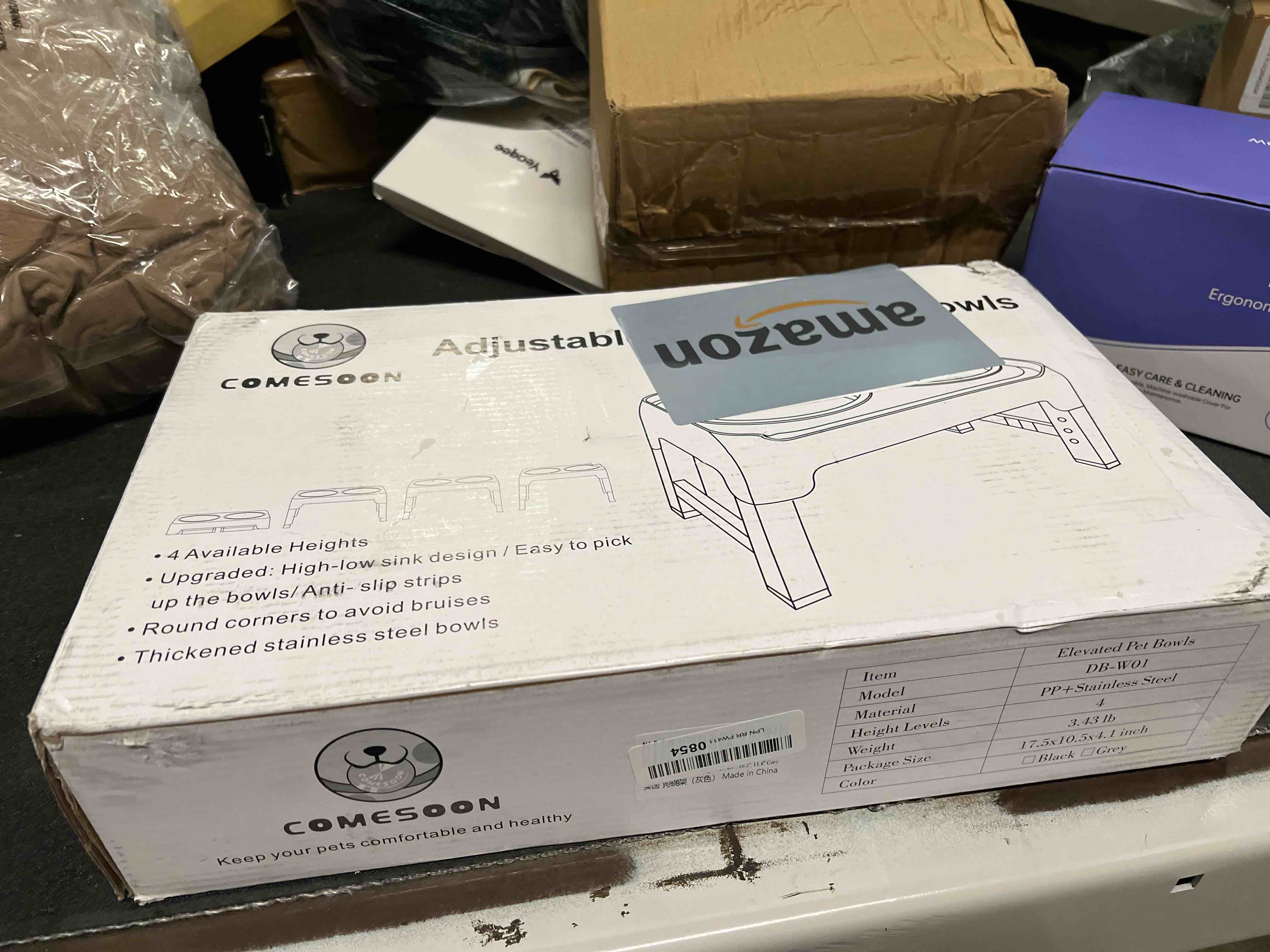 Condition photo showing As Is for Elevated Bowls, 4 Height Adjustable Raised Stand With 2 Thick 50oz Stainless Steel Food Bowls, Non-Slip Feeder for Large Medium Dogs, Adjusts to 3.7", 9.2", 10.75", 12.36" Grey Grey 8" for Medium Dogs