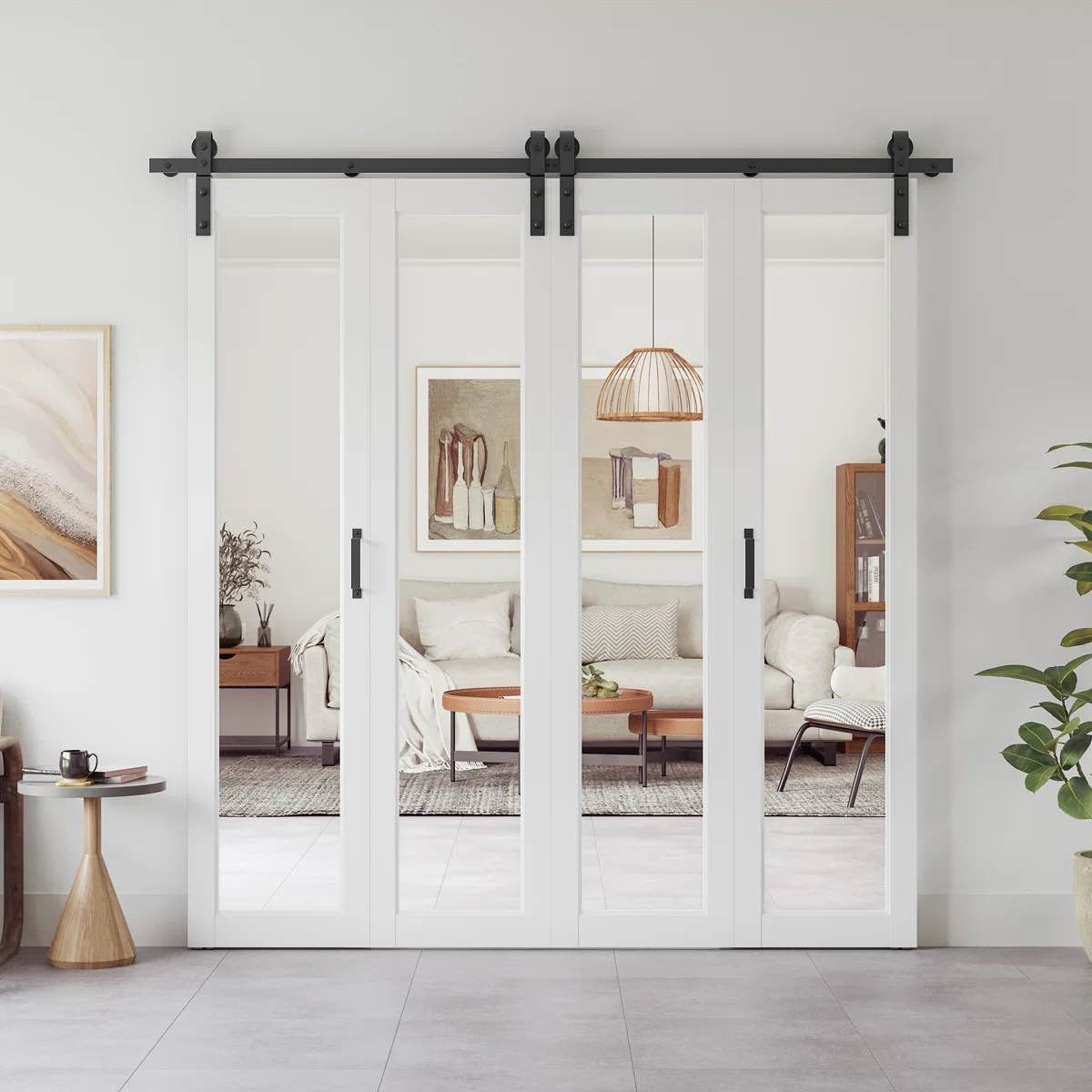 manufactured wood and glass mirrored paneled double bi-fold barn door with installation hardware kit