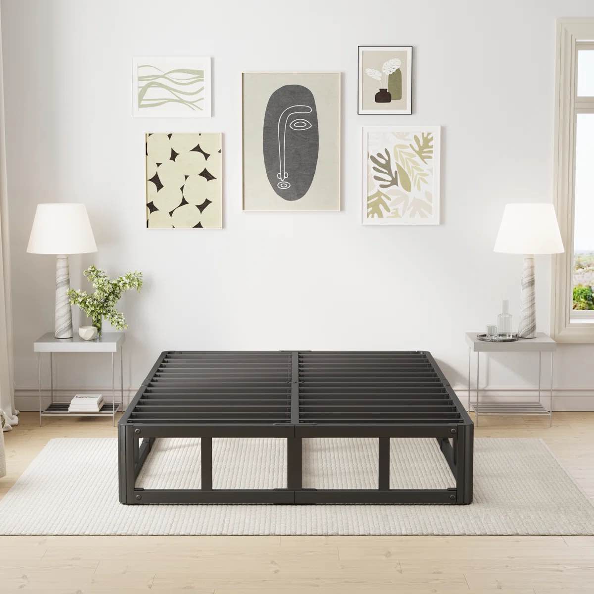 9" metal platform bed frame, heavy duty thickened steel slat support to 2000lbs, easy assembly