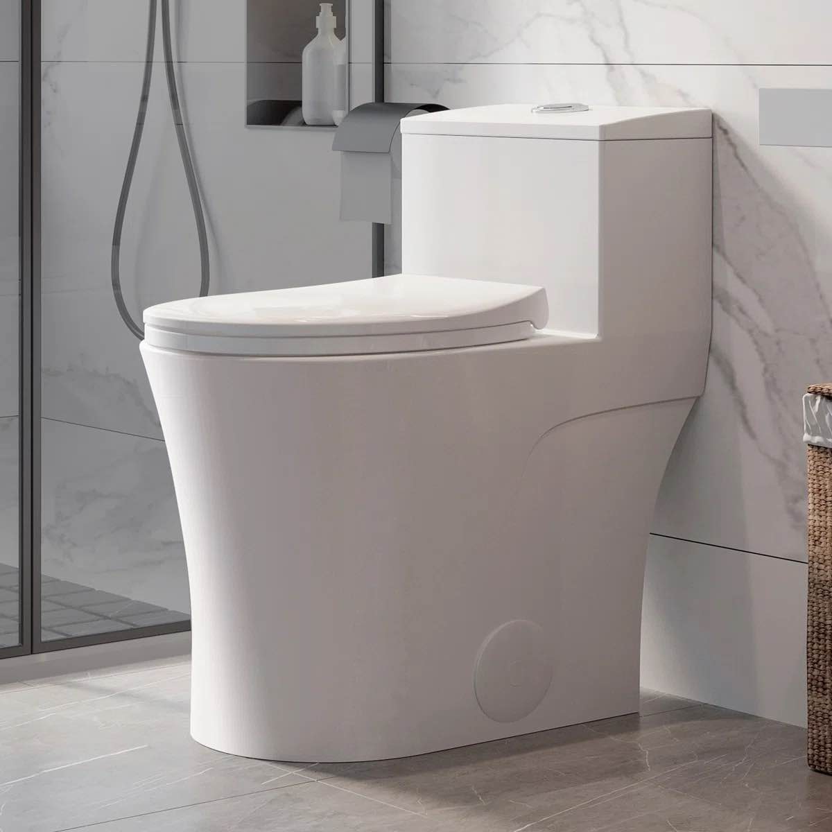 Arlo One-Piece Toilet, 10" Rough-In, 17.3" ADA Chair Height, Dual Flush 0.8/1.28 GPF, MAP 1000g, Elongated, Space-Saving Design.