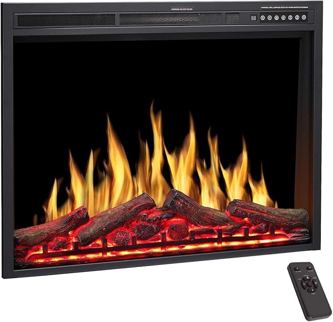 34-Inch Electric Fireplace Insert – Adjustable Flame \u0026 Log Colors, Speed/Brightness Control, Remote, 750W/1500W Dual Power