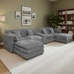 Gray Modern Chenille U-shaped 6-seat Cloud Sofa, Featuring A Fluffy And Comfortable Modular Design. Equipped With A Removable Ottoman, Storage Box And Cup Holders, Itâ€™s Suitable For Living Rooms.
