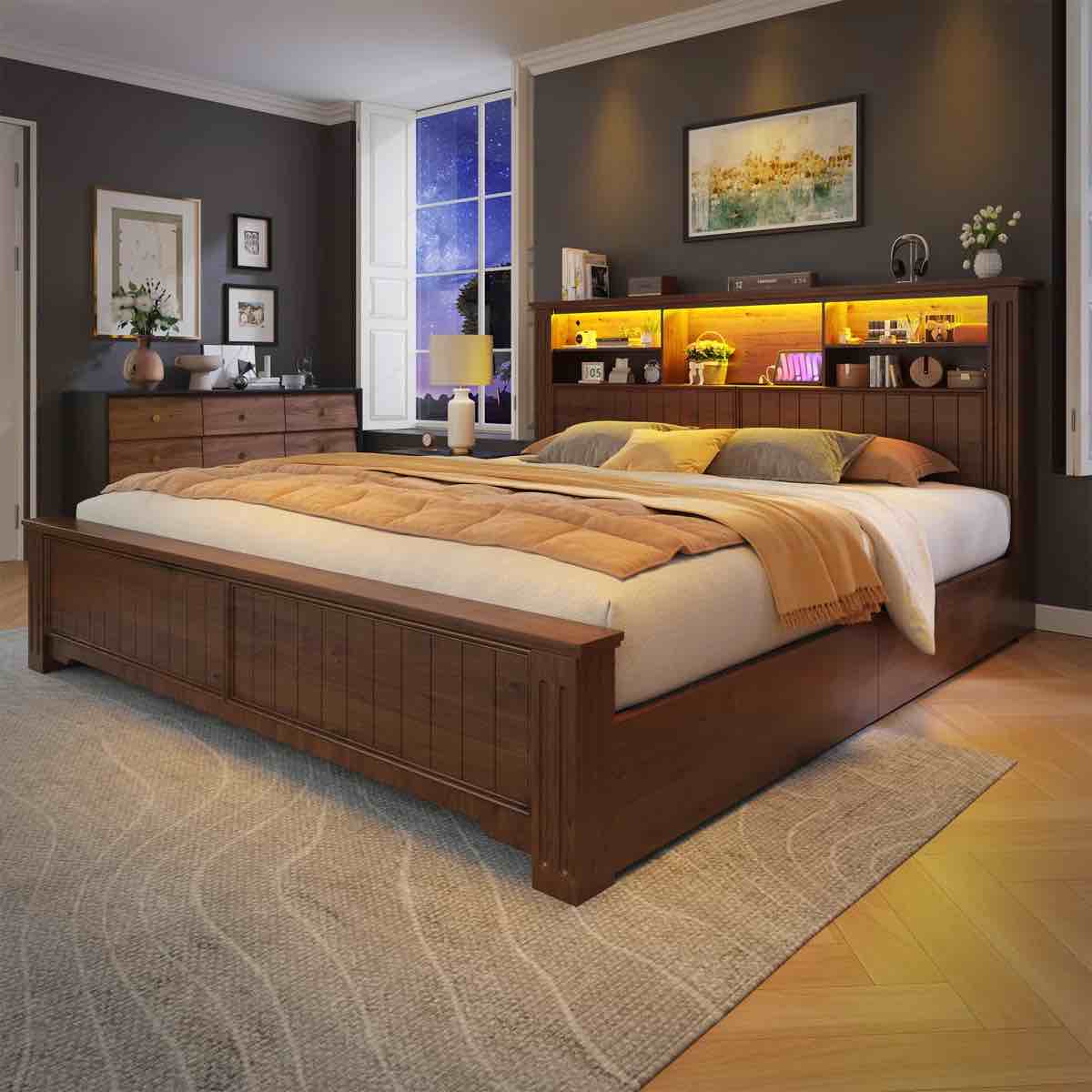 Farmhouse Storage Bed Frame With Headboard \u0026 Led Light \u0026 Usb, 4 Drawers Under Bed, Built In Charging Station, No Noise, No Box Spring Needed