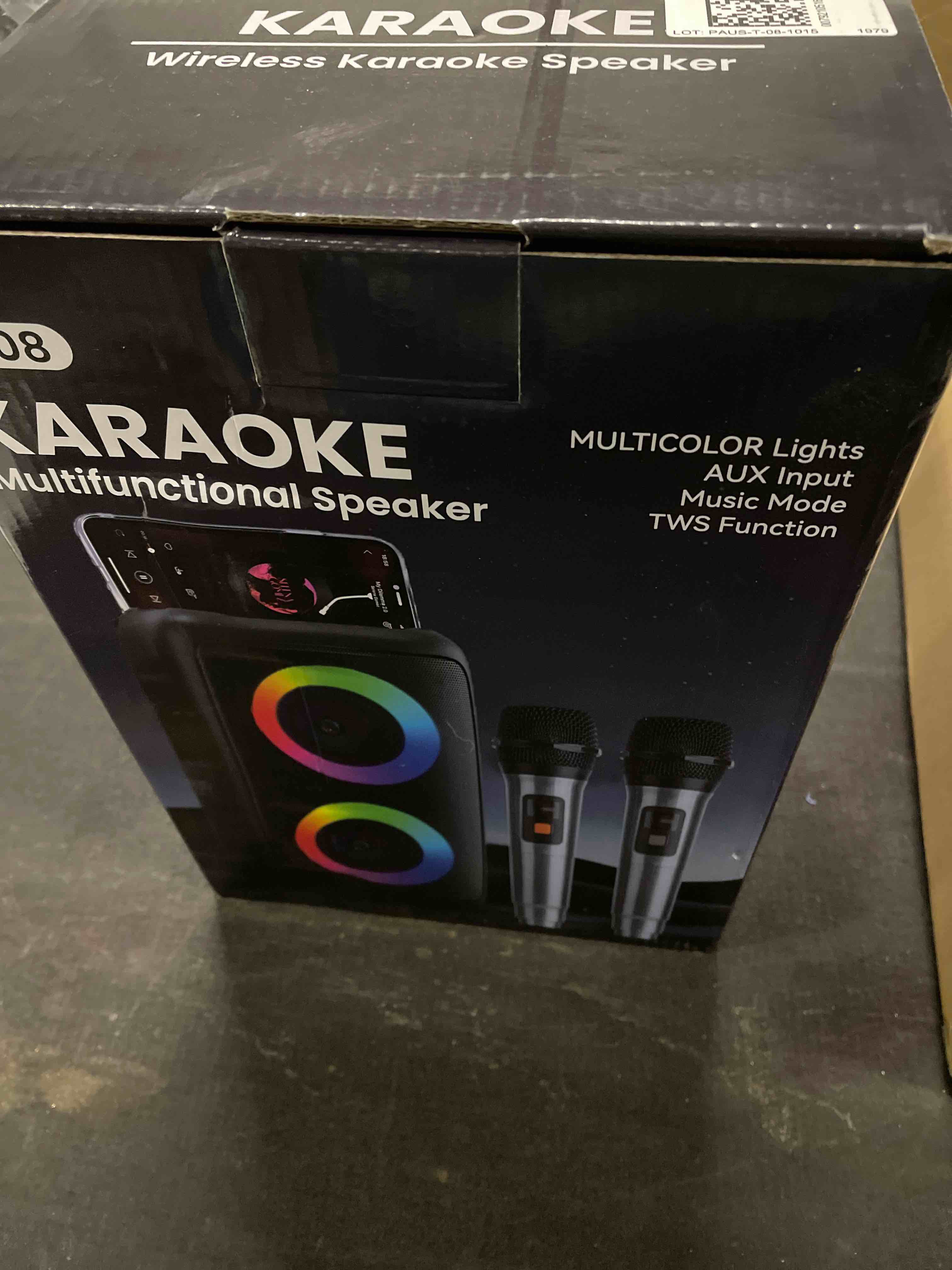 Condition photo showing Good Condition for PWBSLAI Bluetooth Speaker with 2 Rechargeable Wireless Microphone - Portable Party Speaker with Colorful Lights - Floorstanding Speakers Support TWS/AUX/USB/TF Card Ideal for Party,Home,Camping