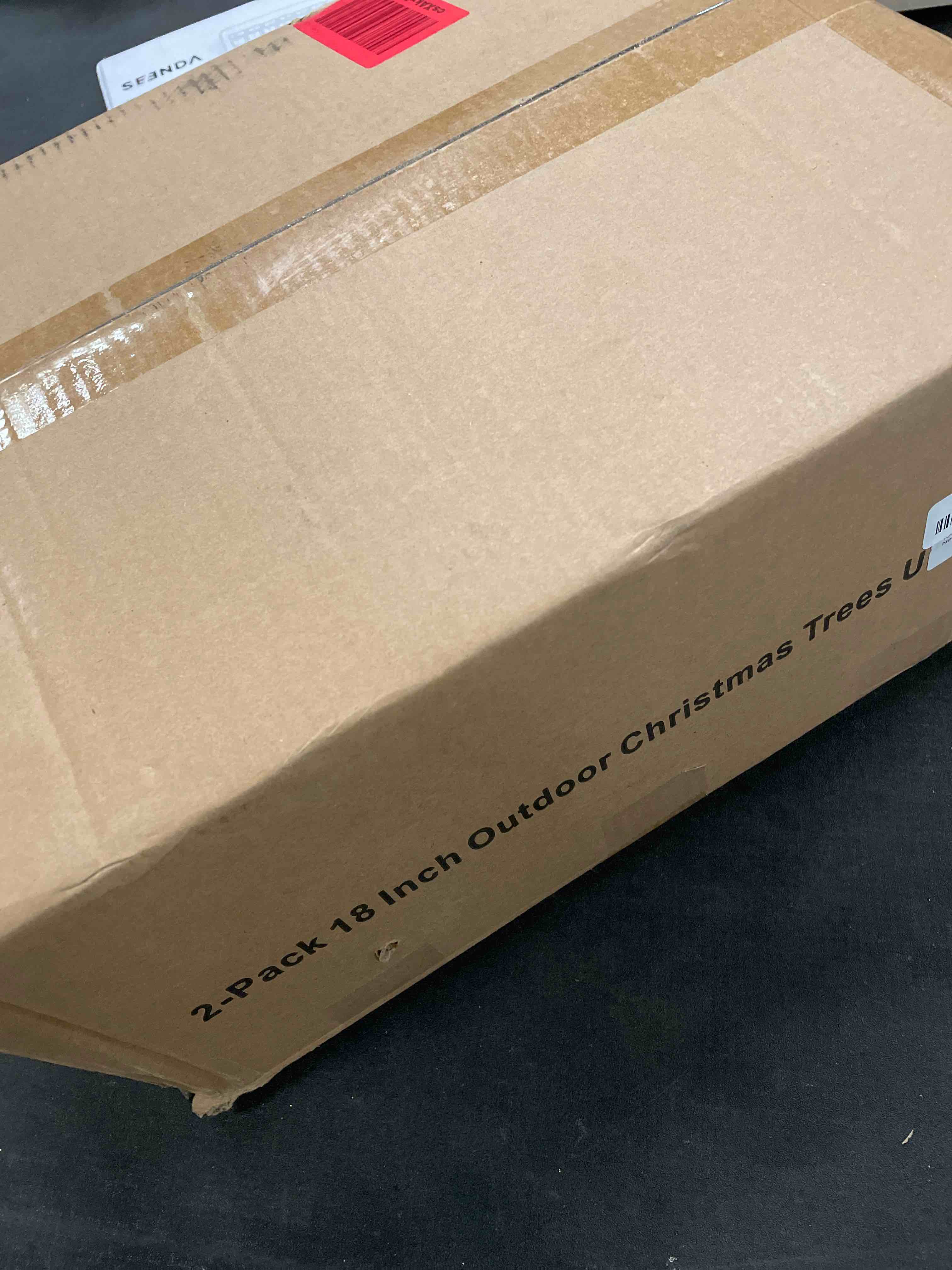 Condition photo showing Good Condition for Set of 2 Outdoor Pathway Christmas Trees, 18in Pre-Lit Realistic Xmas Tree Urn & Planter Filler for Porch, Yard, Driveway with Multi-Color & WW String Lights, Red & Gold Berries, Pine Cones