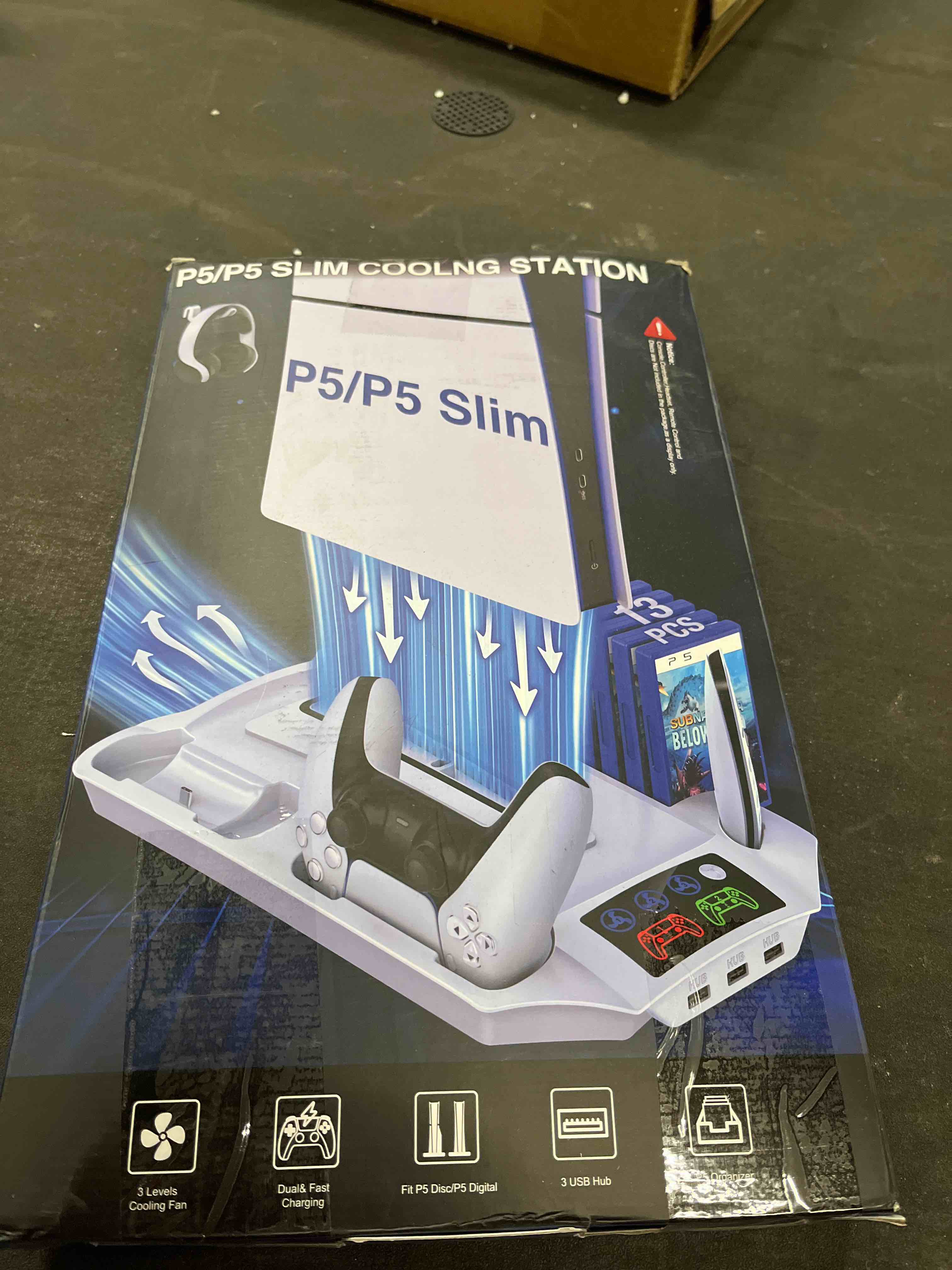 Condition photo showing Good Condition for PS5 Slim Stand and Turbo Cooling Station with Controllers Charger Station for Playstation 5, PS5 Pro Console Accessories with 3 Levels Cooling Fan 13-Game Organizer Headset Holder for PS5 Digital/Disc L-Stand