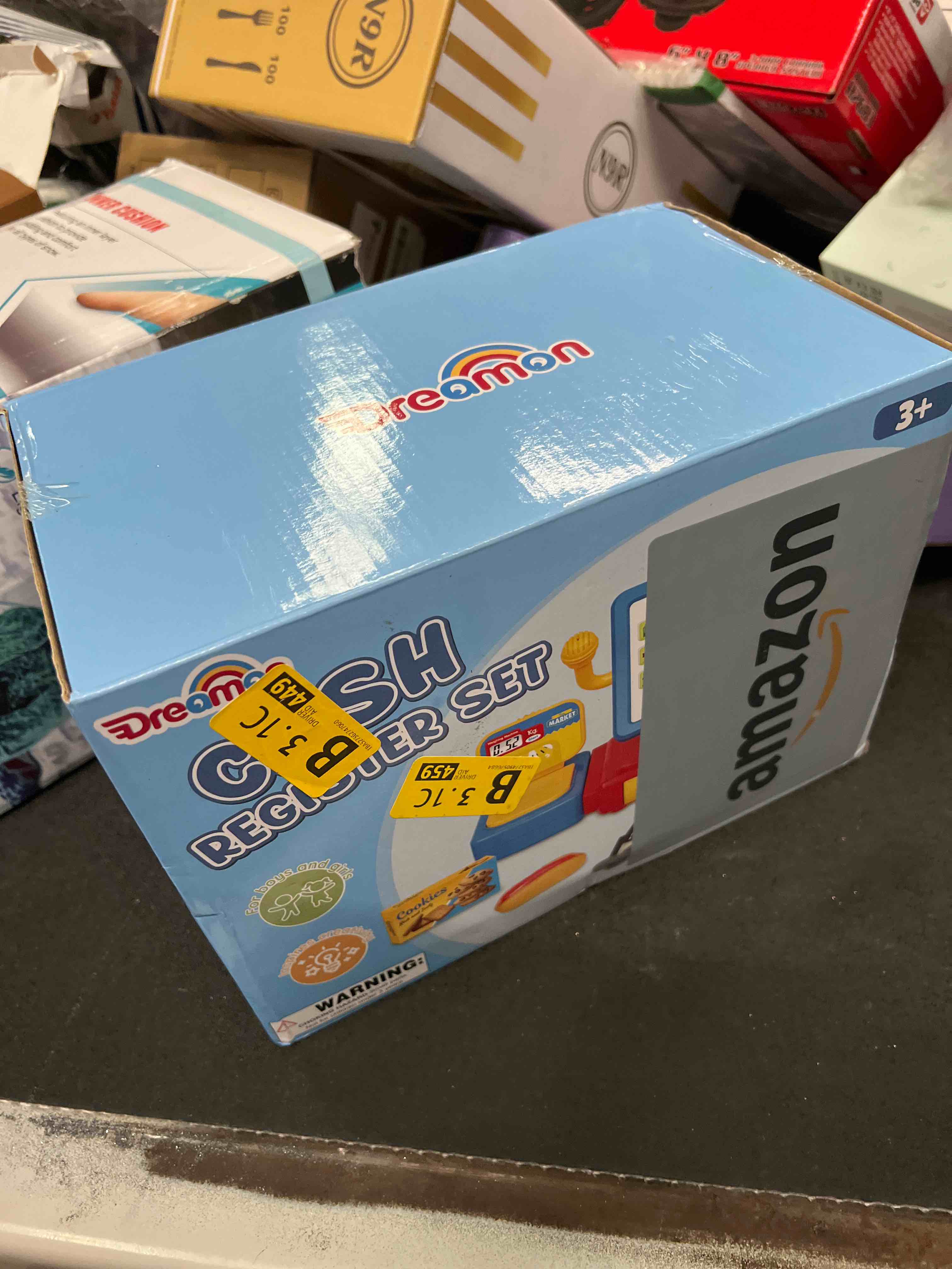 Condition photo showing Good Condition for Cash Register Toy for Kids with Real Calculator, Cashier Register with Scanner/Weighter/Credit Card/ Play Money/ Food/Microphone, Pretend Play Store with Apron and Shopping Bag for Kids 3 4 5 6 7 BLUE