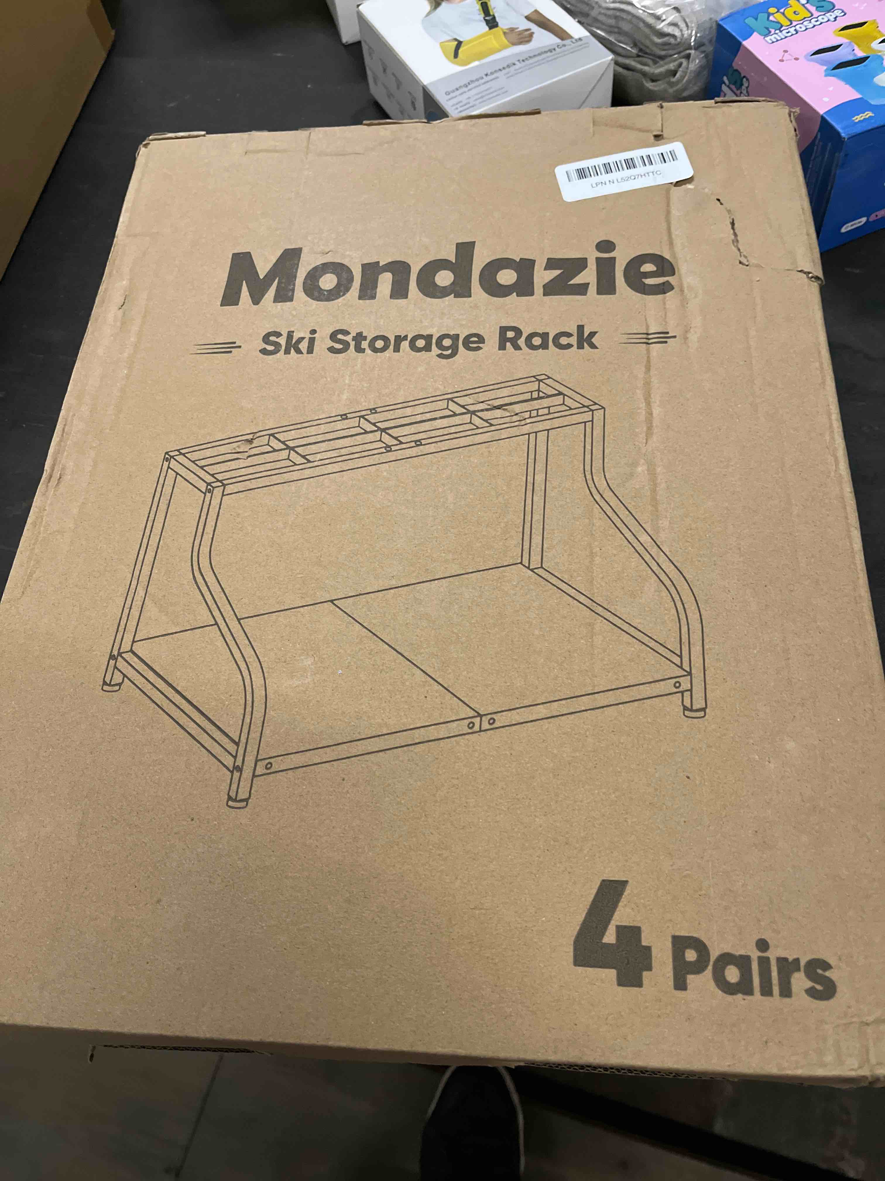 Condition photo showing Good Condition for Ski Storage Rack for Garage — Freestanding Ski Holder for 4 Pair Skis, Boot, Helmet, Goggles, Indoor Snowboard Rack Organizer Stand for Home, Shed, Basement, Black Black 4 Pairs - For Adult