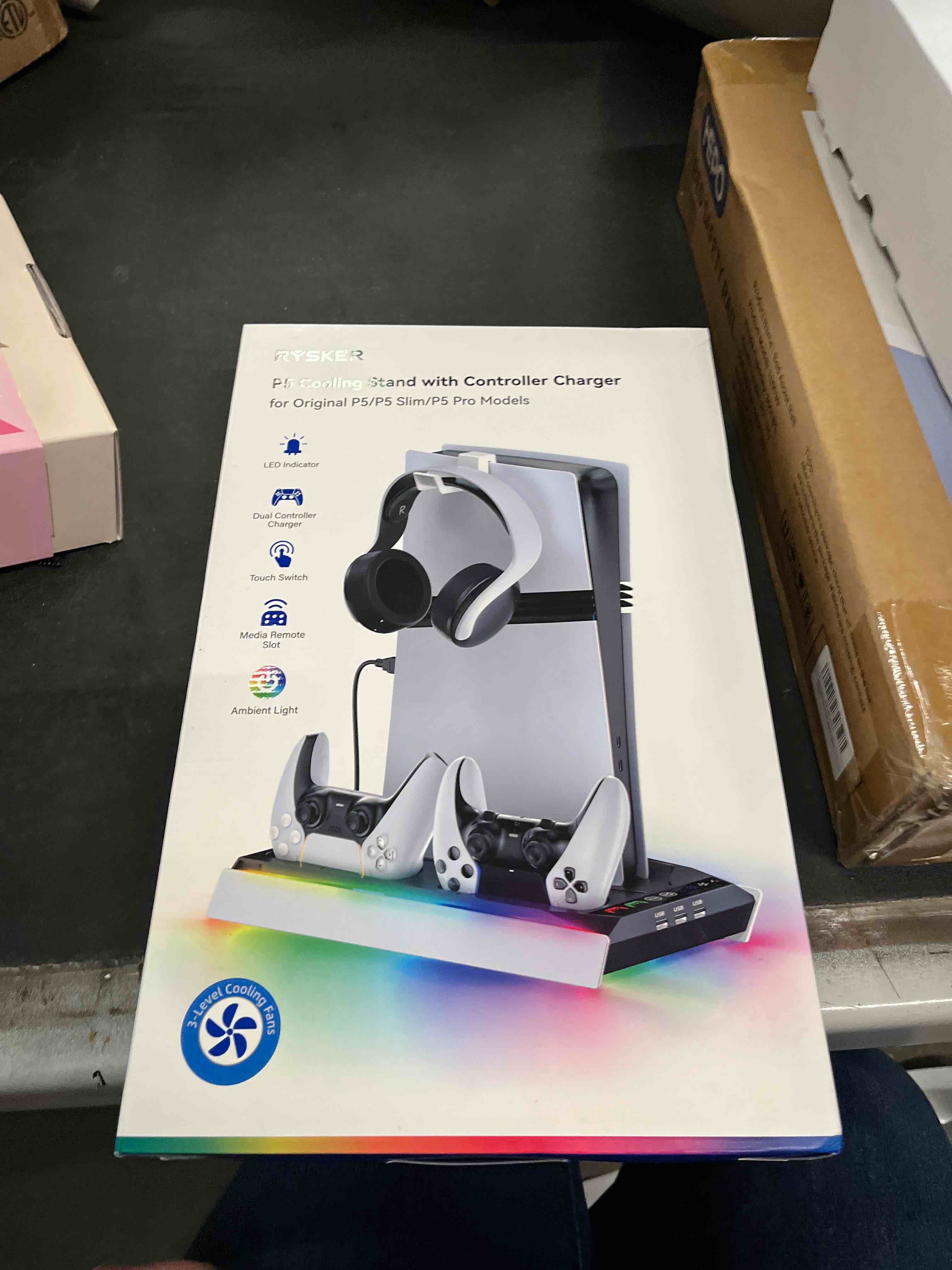 Condition photo showing Good Condition for Rysker PS5/Slim/Pro Stand, PS5 Cooling Station Built-in 3-Level Cooling Fan & Fast Charger for Disc & Digital, PS 5 Accessories with Safety Screw and Headset Holder Deep Black