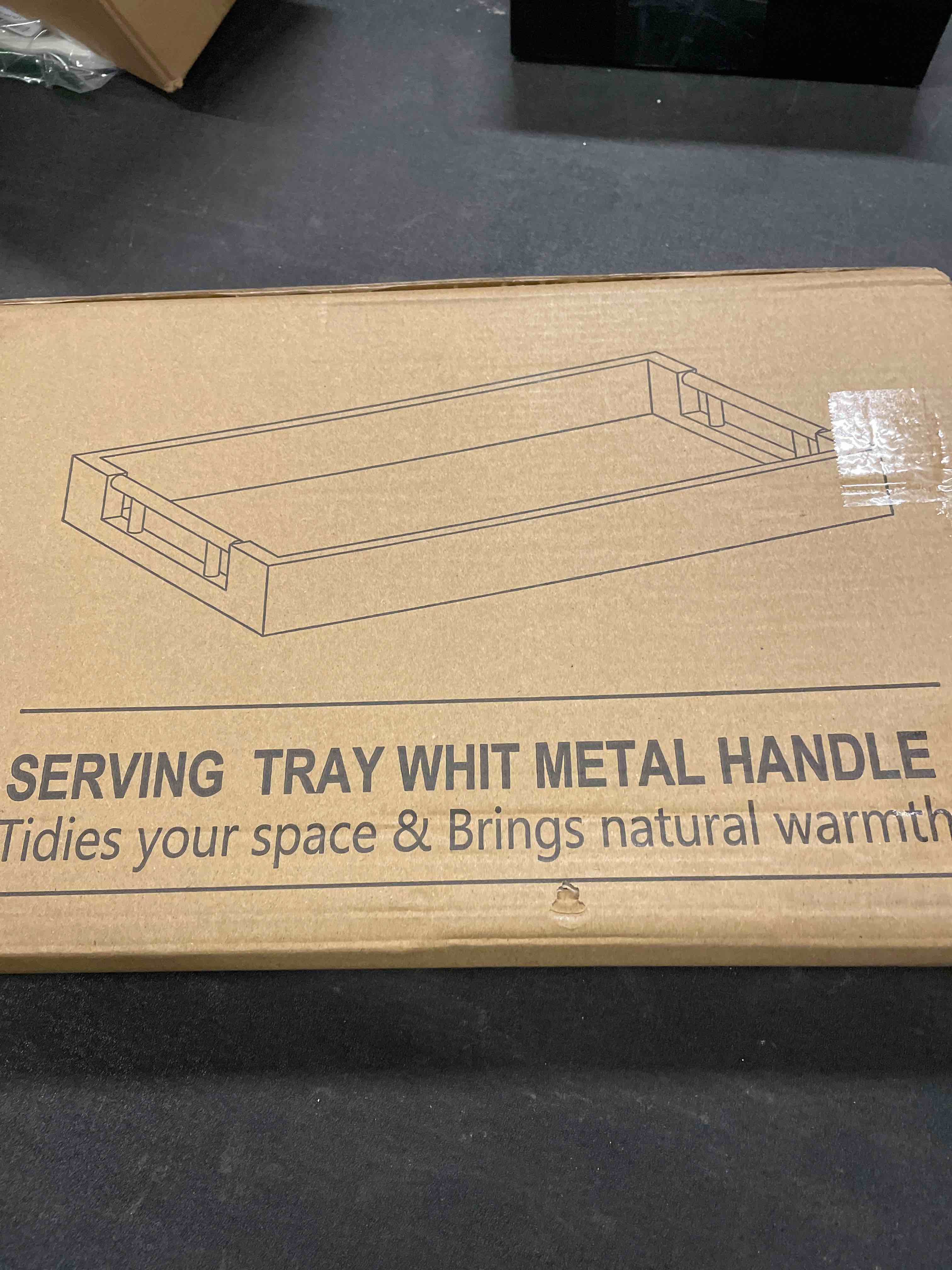 Condition photo showing Good Condition for Acacia Wood Serving Tray with Metal Handles,15x10in Ottoman Decorative Trays Platter for Coffee Table,Living Room,Bar,Party(Medium) 15" x 9.8" x 1.8" Brown