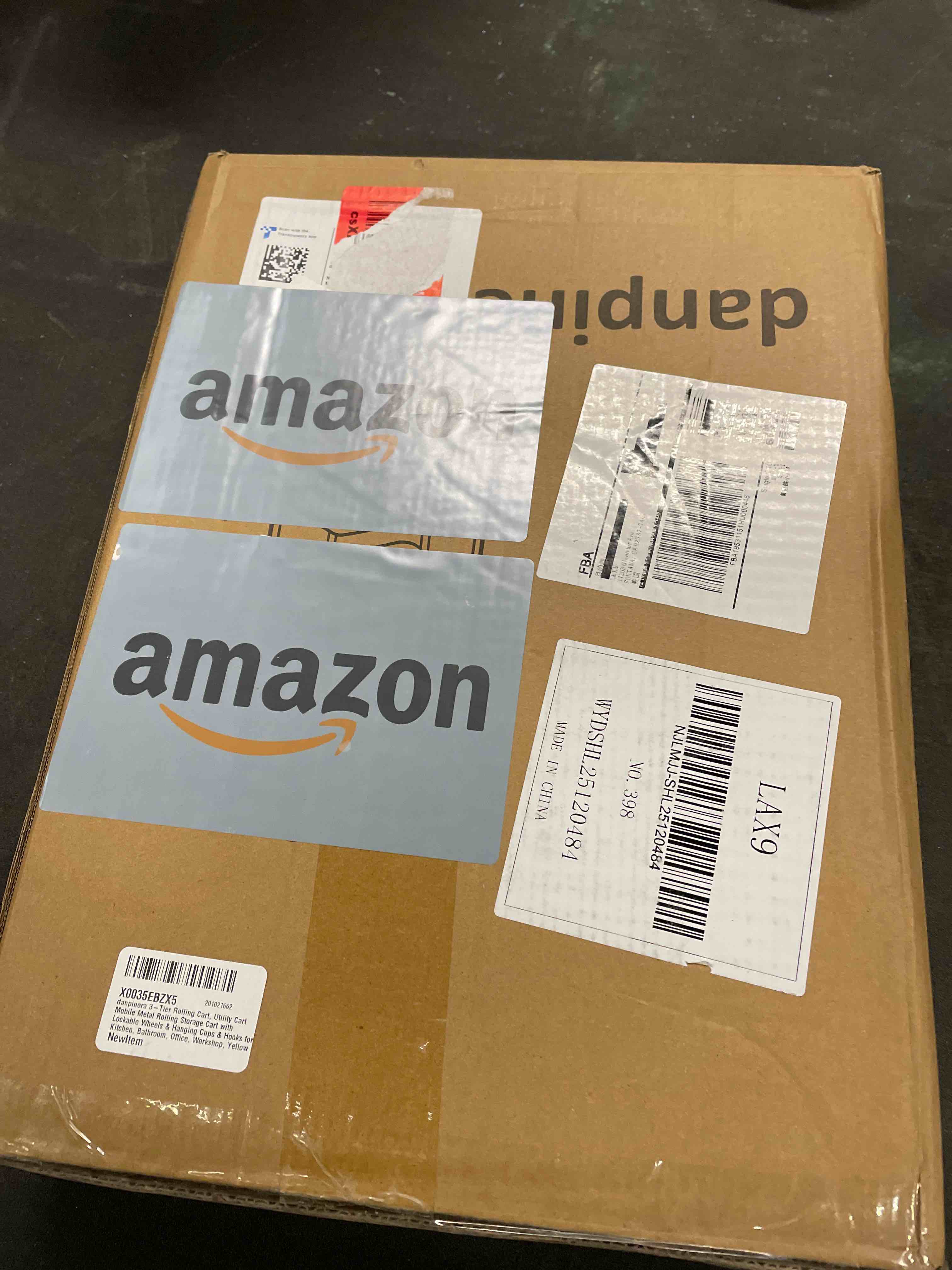 Condition photo showing Good Condition for danpinera 3-Tier Rolling Cart, Metal Rolling Storage Cart with Lockable Wheels & Hanging Cups & Hooks, Mobile Trolley Cart for Kitchen, Bathroom, Office, Workshop, Yellow