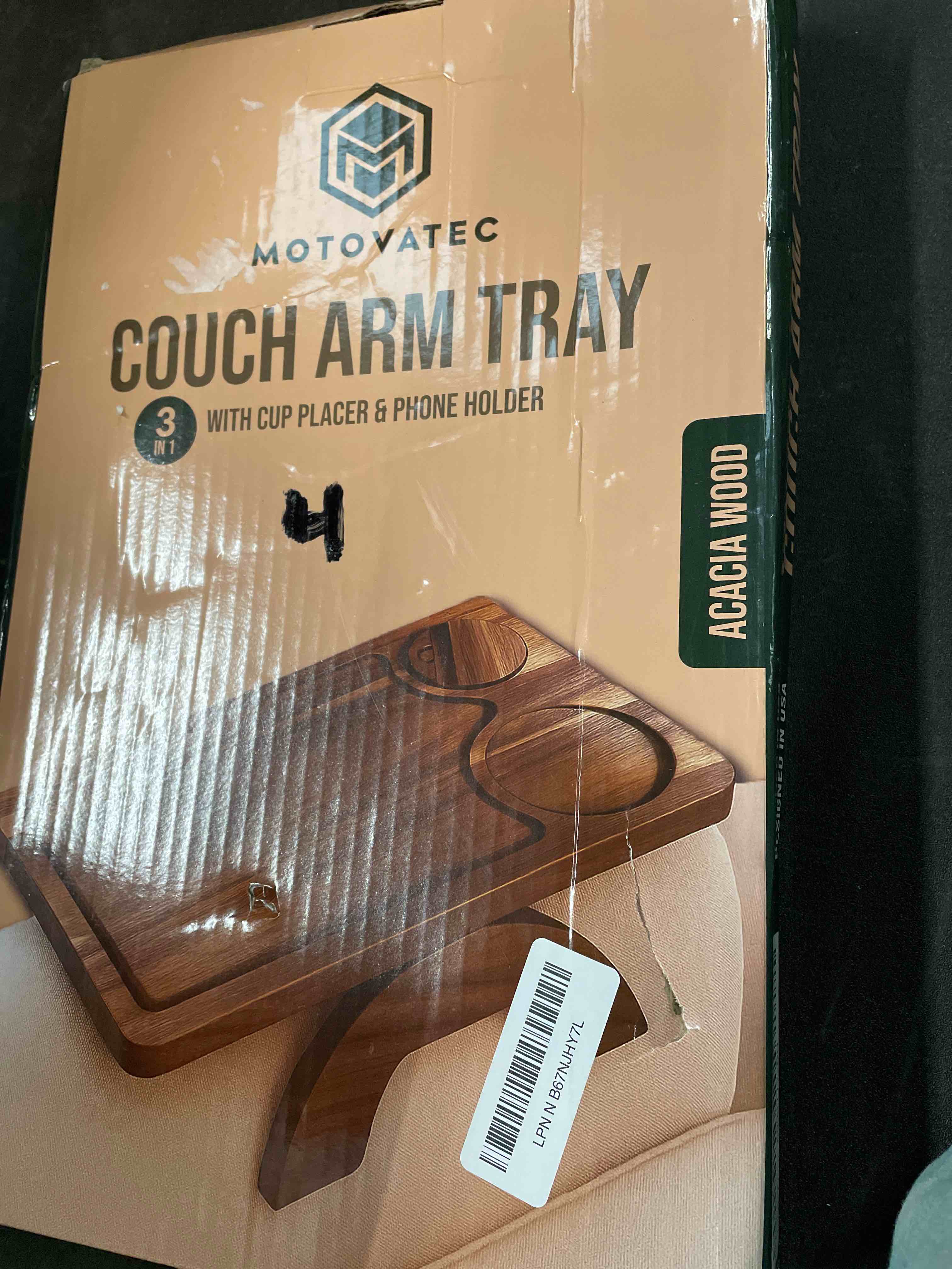 Condition photo showing Good Condition for Motovatec Acacia Wood Sofa Arm Tray - 3-in-1 Couch Arm Table with Phone Holder, Cup Placer & Foldabl