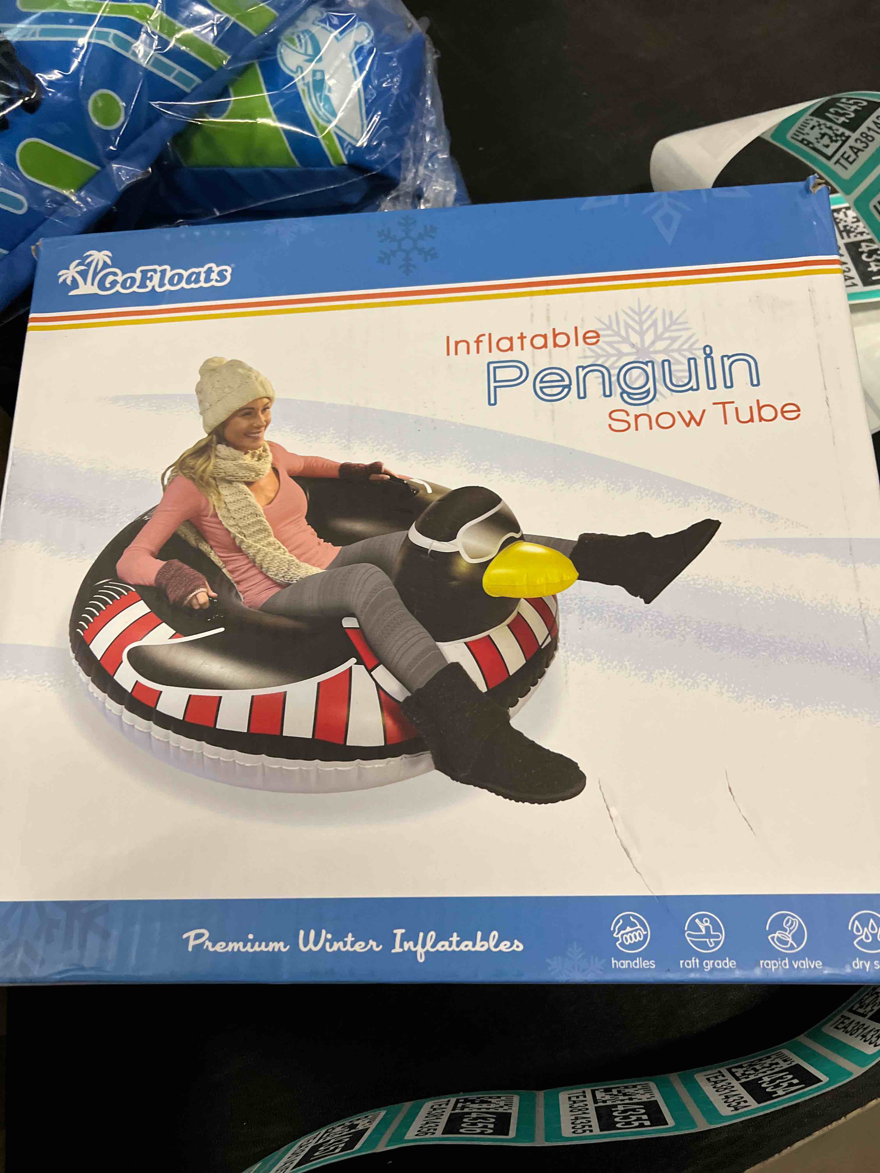 Condition photo showing Good Condition for GoFloats Winter Snow Tubes - Choose from Unicorn, Disney's Frozen, Ice Dragon, Polar Bear, Penguin, Flamingo - Inflatable Sled for Kids and Adults 44 Inch Black