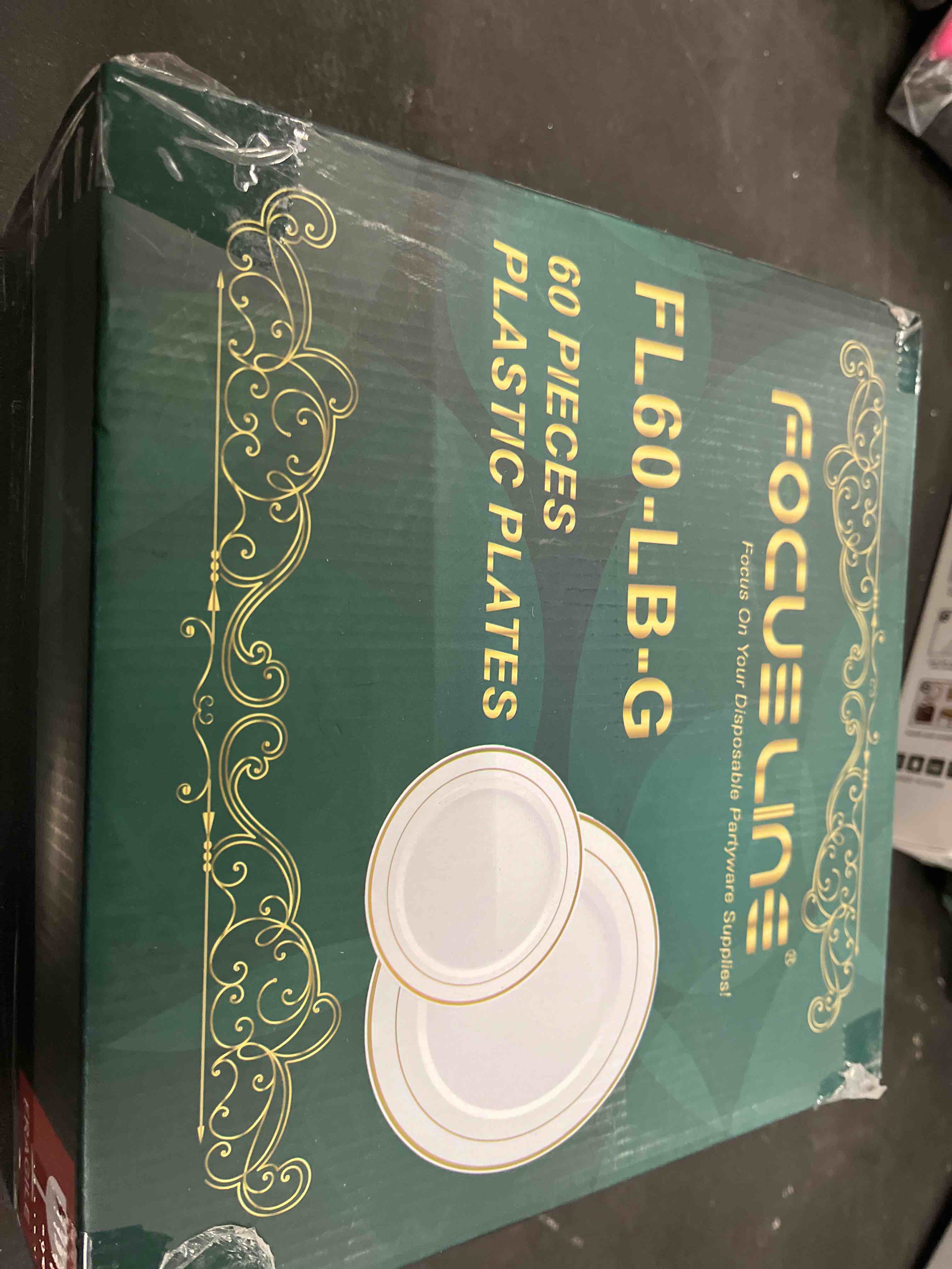 Condition photo showing Good Condition for FOCUSLINE Gold Plastic Plates Set of 60, Disposable Plates with Gold Rim 30 Dinner Plates 10" and 30 Salad Dessert Appetizer Plate 7", Elegant Fancy Heavy Duty Wedding Party Plates Gold Plates