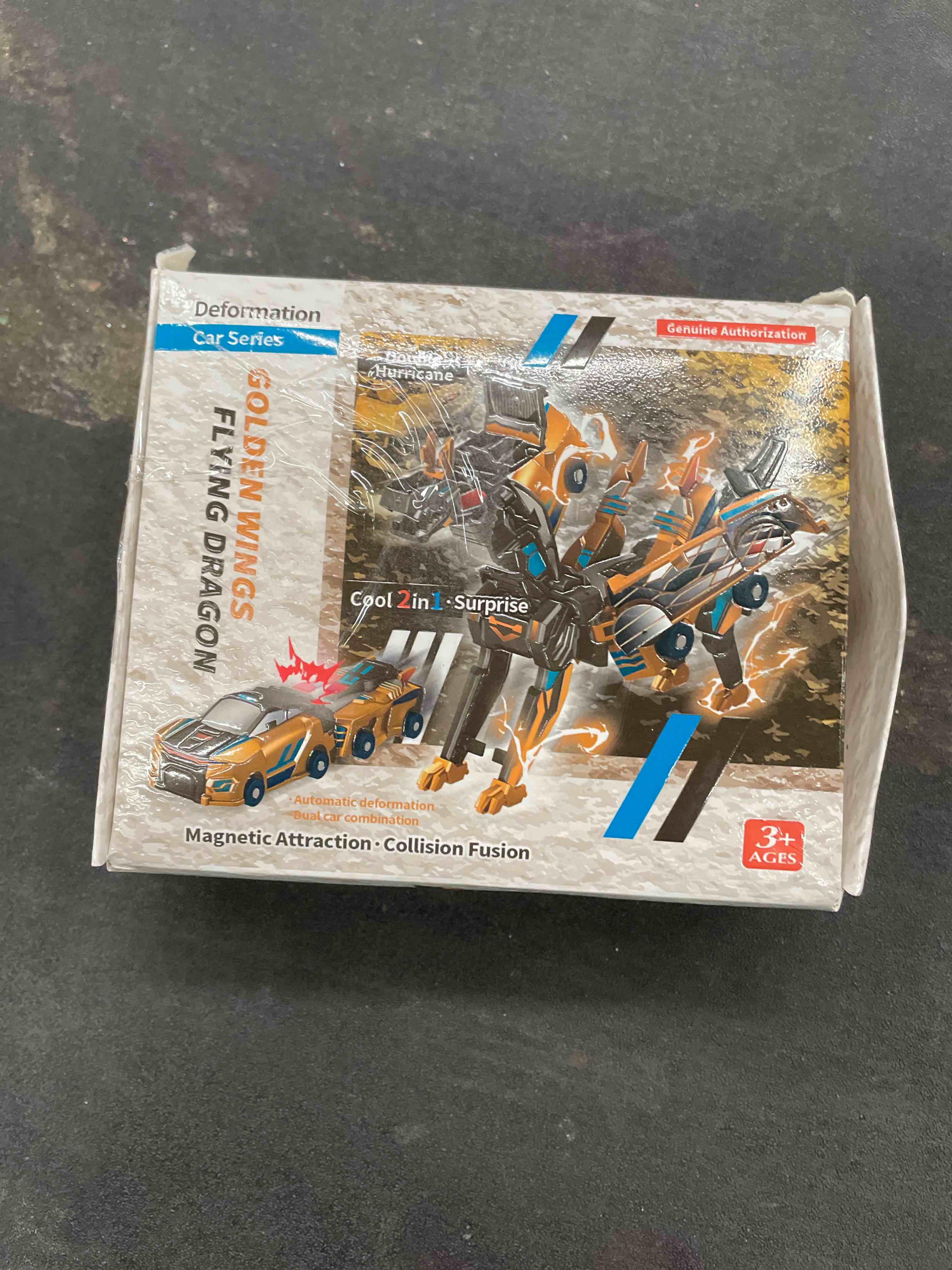 Condition photo showing Good Condition for Collision Transforming Dinosaur Car Toy, 2 Magnetic Cars Transform into Dinosaur Toys for Kids Toddler Fun Deformation Robot Dino Car Christmas Birthday Gift Toys for Boys Girl(Golden Dragon)
