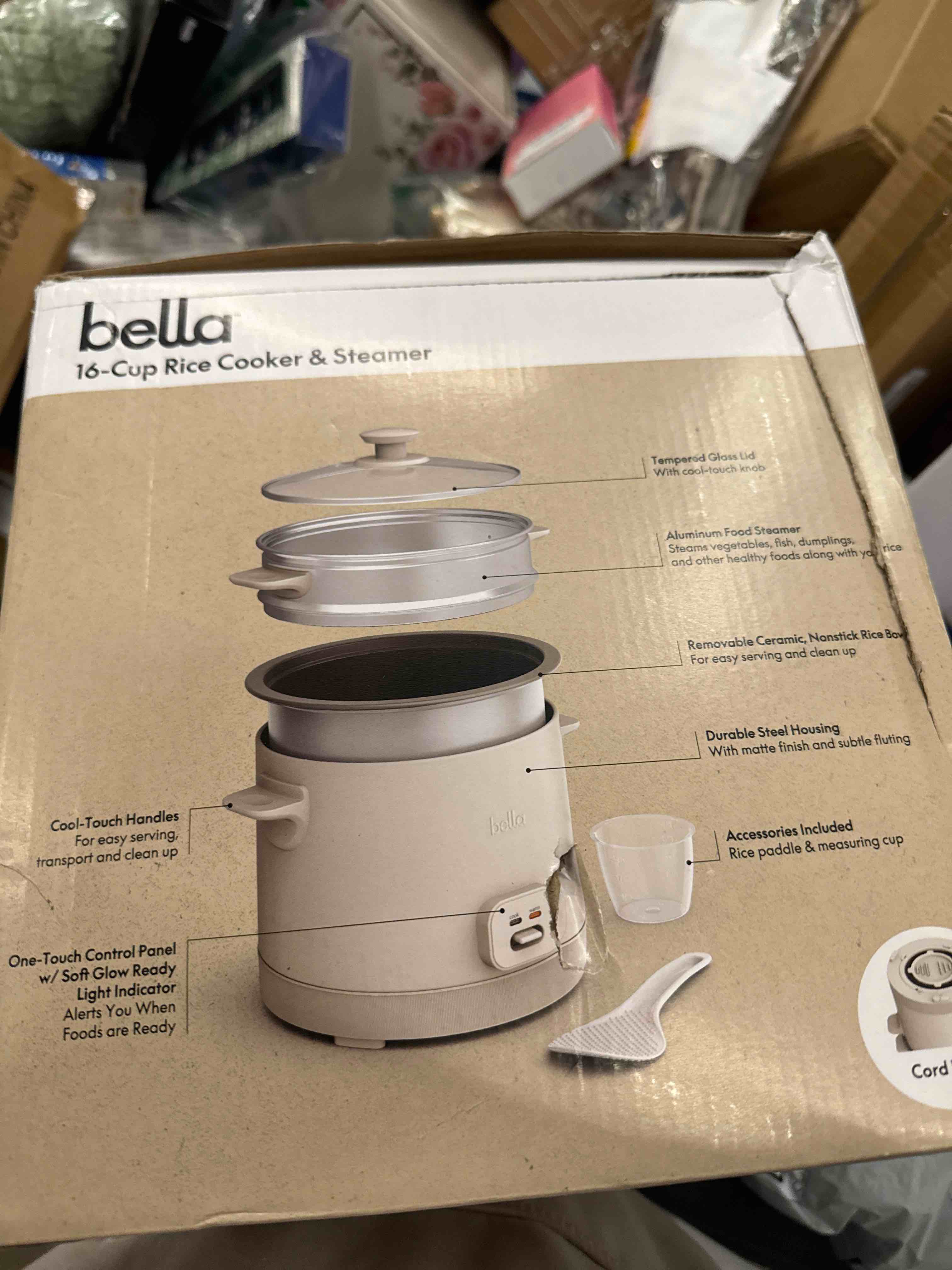 Condition photo showing Good Condition for bella 16 Cup Rice Cooker with Steamer, Dishwasher Safe Steaming Basket, Rice Paddle and Measuring Cup, Removable Nonstick Cooking Bowl, Automatic Keep Warm Function?, 400 Watt, Oatmilk