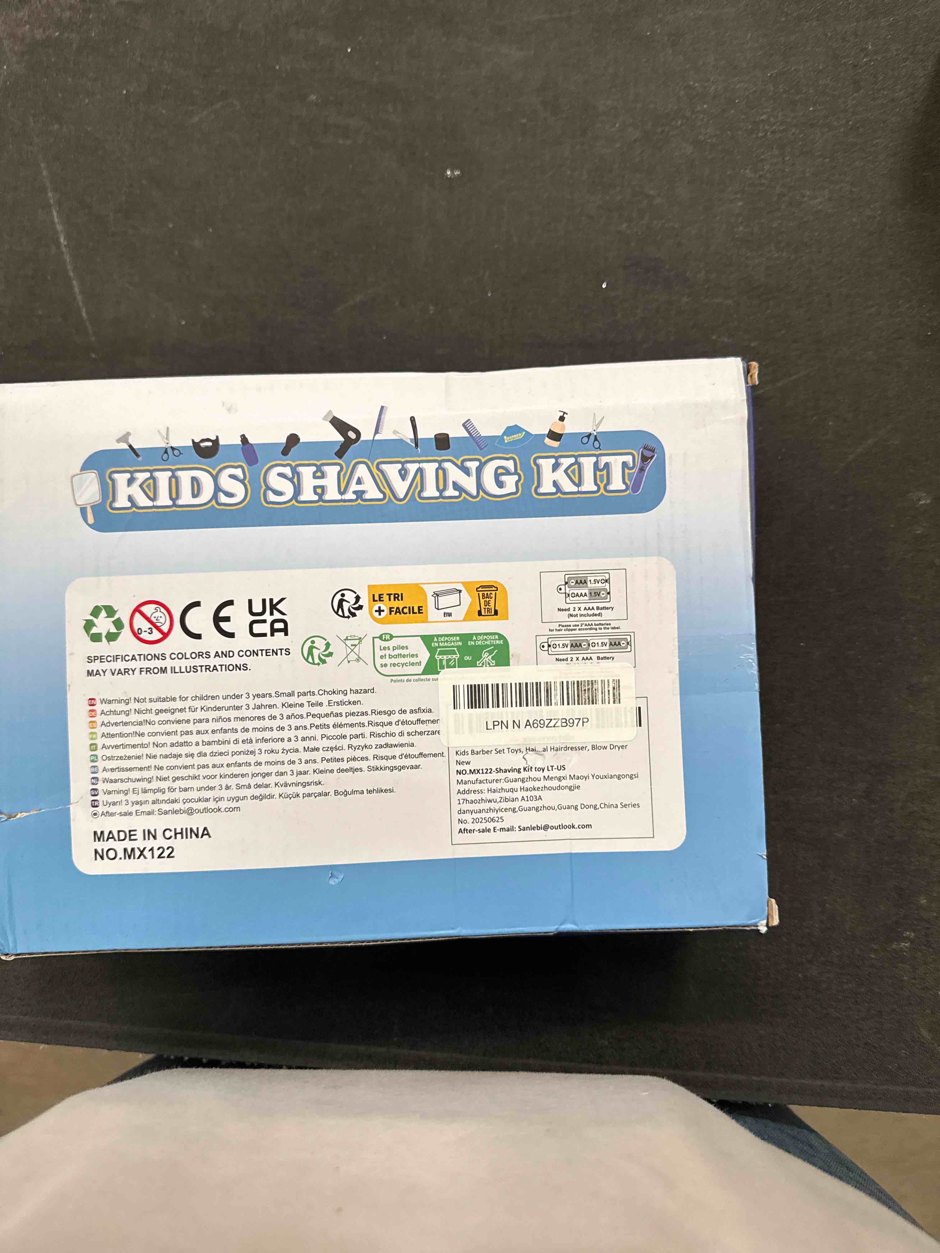 Condition photo showing Good Condition for Barber Shop Pretend Play Toy, Kids Hair Salon Toys, Kids Shaving Kit for Boys Ages 3+ with Blow Dryer, Electric Shaver Toys, Tool Bag and Stylist Shave Barber Accessories for Role Play (Black)