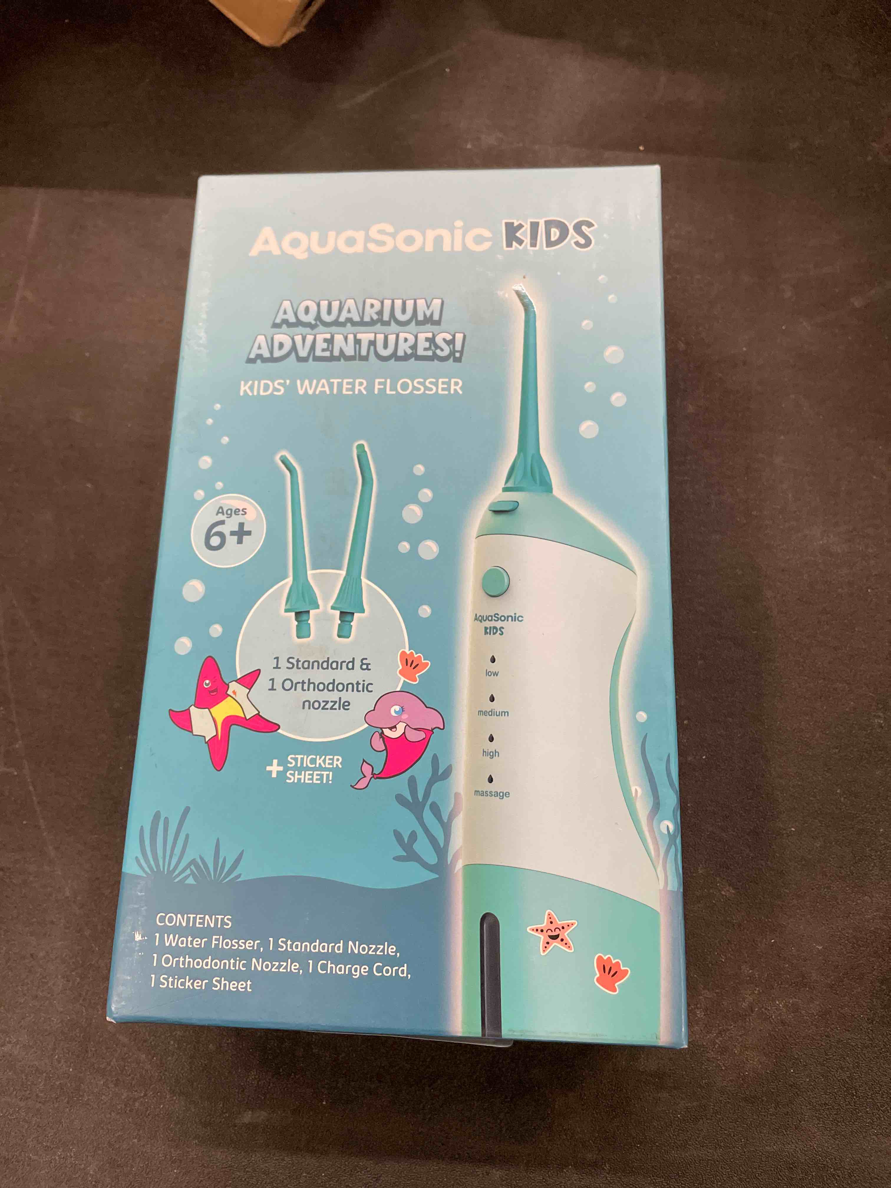 Condition photo showing Good Condition for AquaSonic Kids' Water Flosser for Ages 6+ | Standard Nozzle, Orthodontic Nozzle & Waterproof Stickers | 4 Flossing Modes | Aquarium Adventures Theme (Blue)