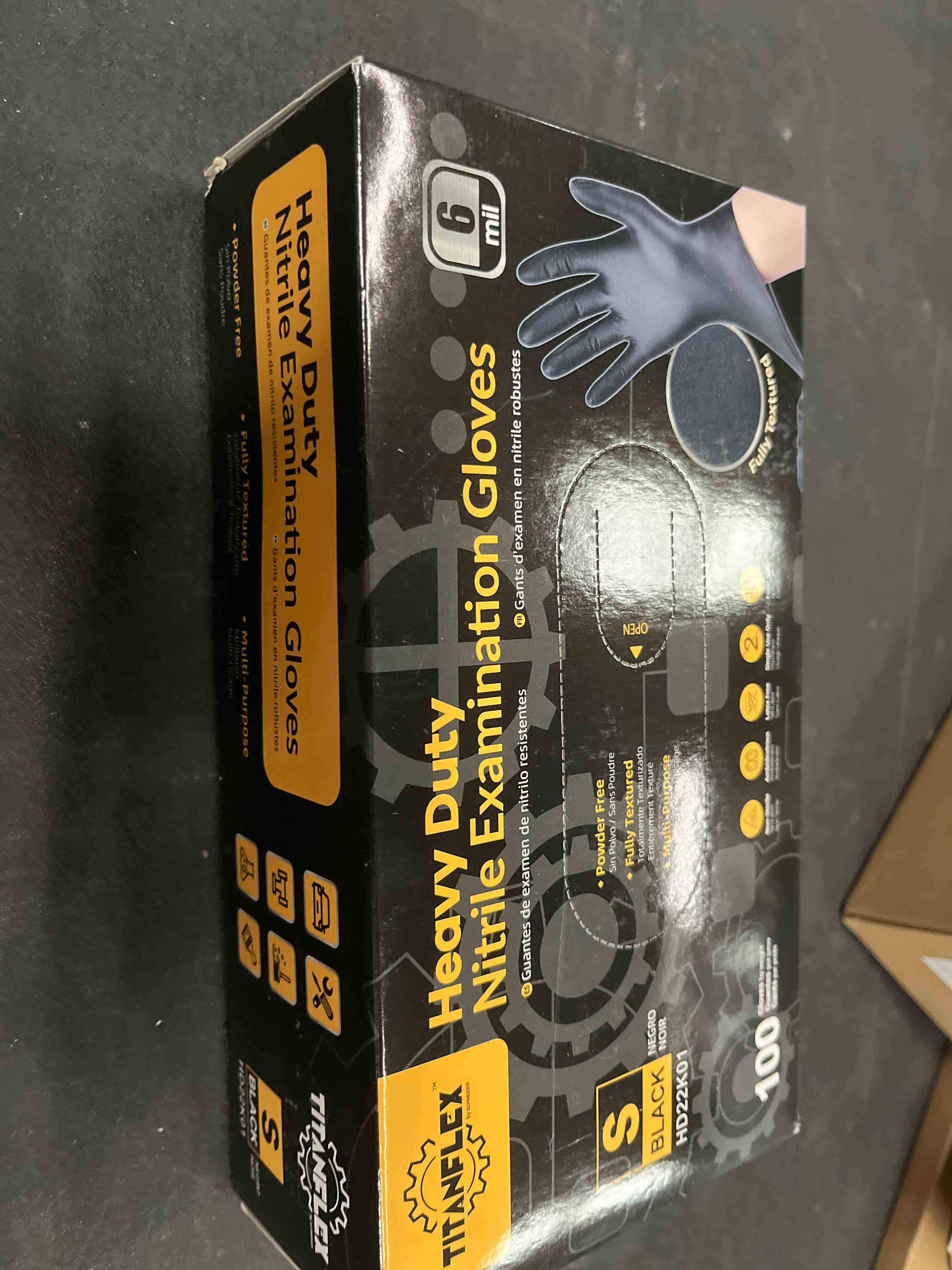 Condition photo showing Good Condition for TitanFlex Heavy Duty Black Nitrile Gloves, 6 Mil, Fully Textured, Mechanic Disposable Gloves, Latex Free, Powder Free 01 Black (S, 100ct)