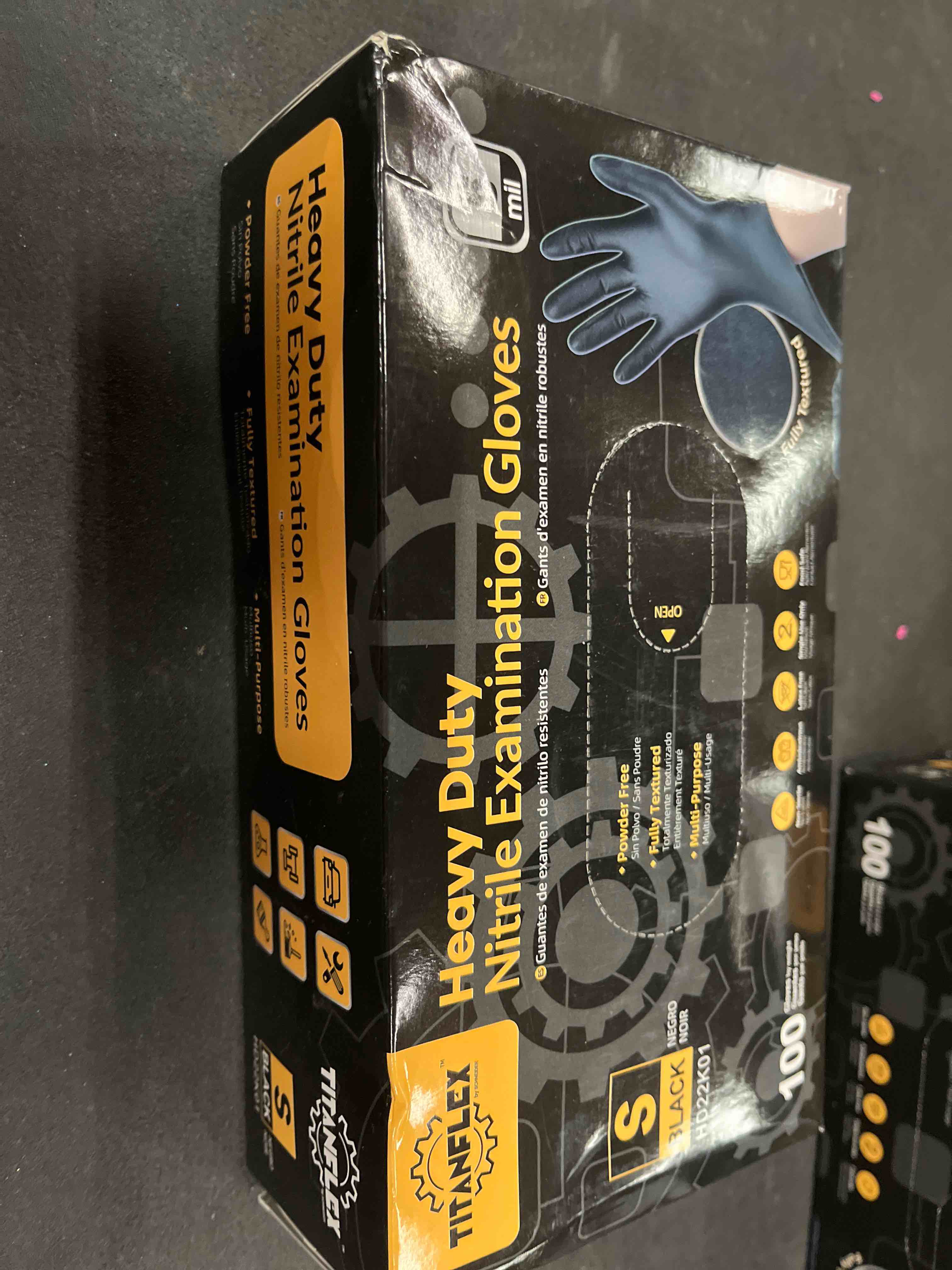 Condition photo showing Good Condition for TitanFlex Heavy Duty Black Nitrile Gloves, 6 Mil, Fully Textured, Mechanic Disposable Gloves, Latex Free, Powder Free 01 Black (S, 100ct)