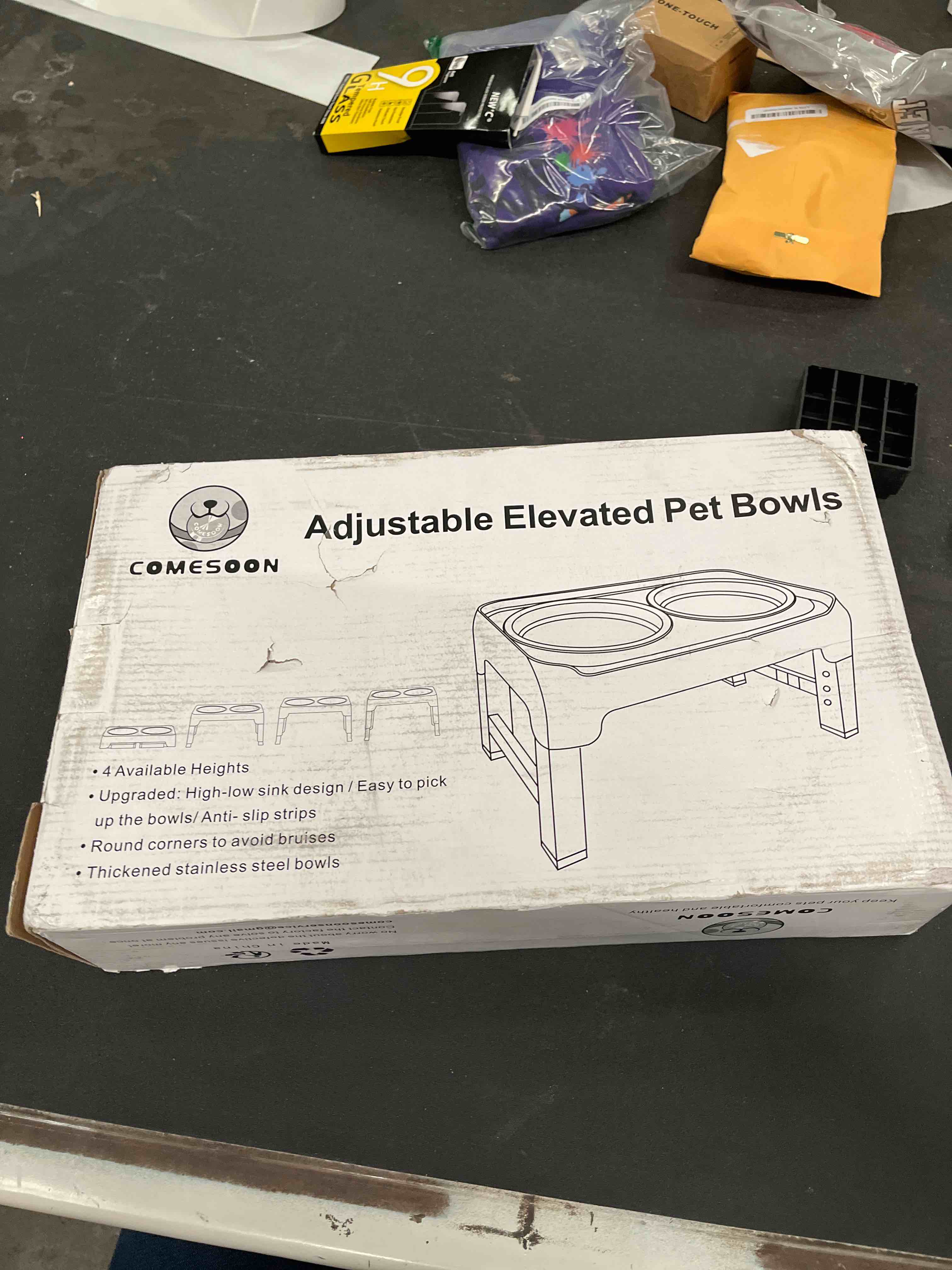 Condition photo showing Good Condition for Elevated Bowls, 4 Height Adjustable Raised Stand With 2 Thick 50oz Stainless Steel Food Bowls, Non-Slip Feeder for Large Medium Dogs, Adjusts to 3.7", 9.2", 10.75", 12.36" Grey Grey 8" for Medium Dogs