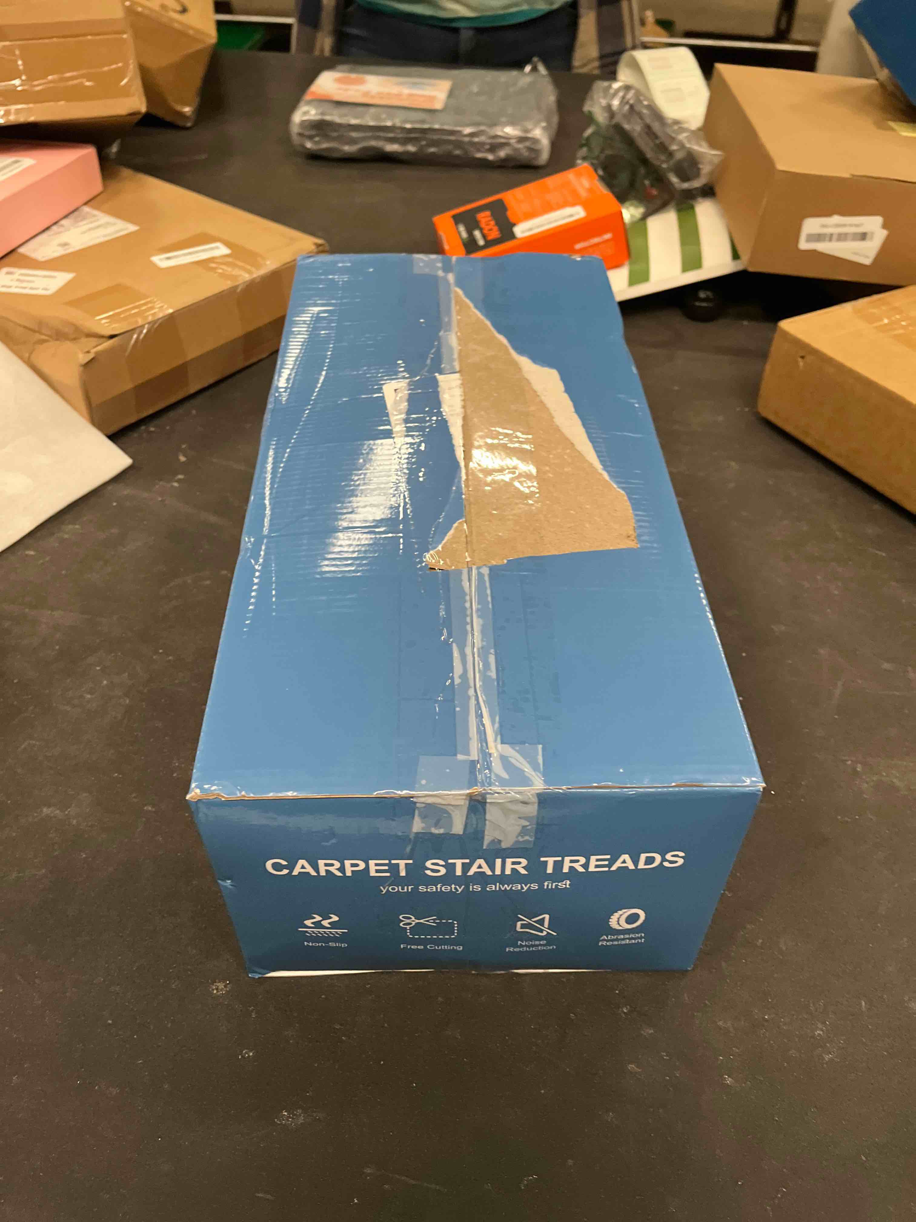 Condition photo showing Good Condition for Stair Treads for Wooden Steps Indoor, 15 Pack 8" X 30" Non Slip Carpet Stair Treads with Reusable Adhesive for Kids Elders and Dogs, Surface Polyester TPR Backing Stair Runner Rugs, Dark Grey 8*30inch Dark Grey 15