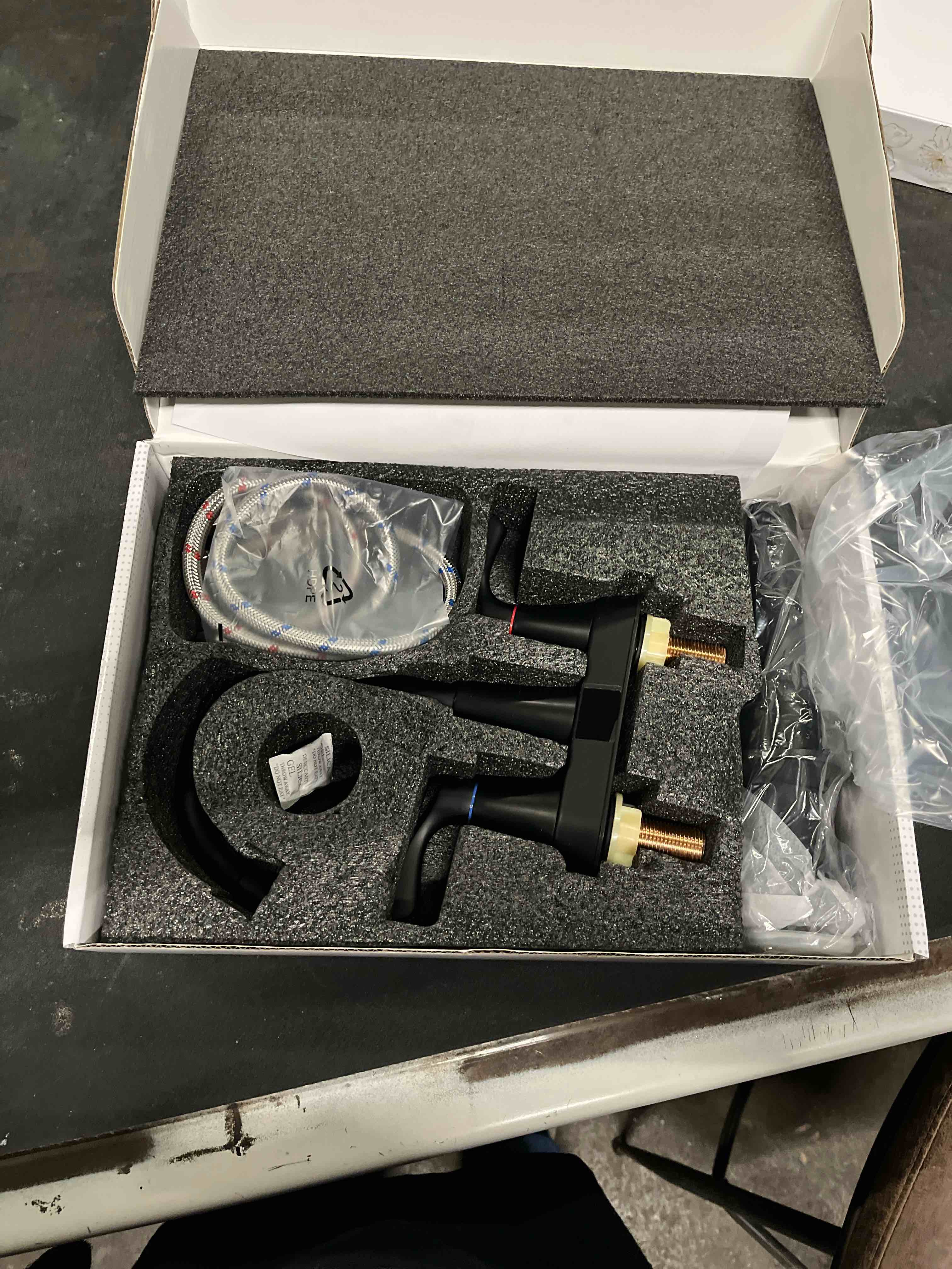 Condition photo showing Good Condition for Matte Black Bathroom Faucet 3 Hole, Evolvegoods 4 Inch Stainless Steel Bathroom Sink Faucet, 2 Handl