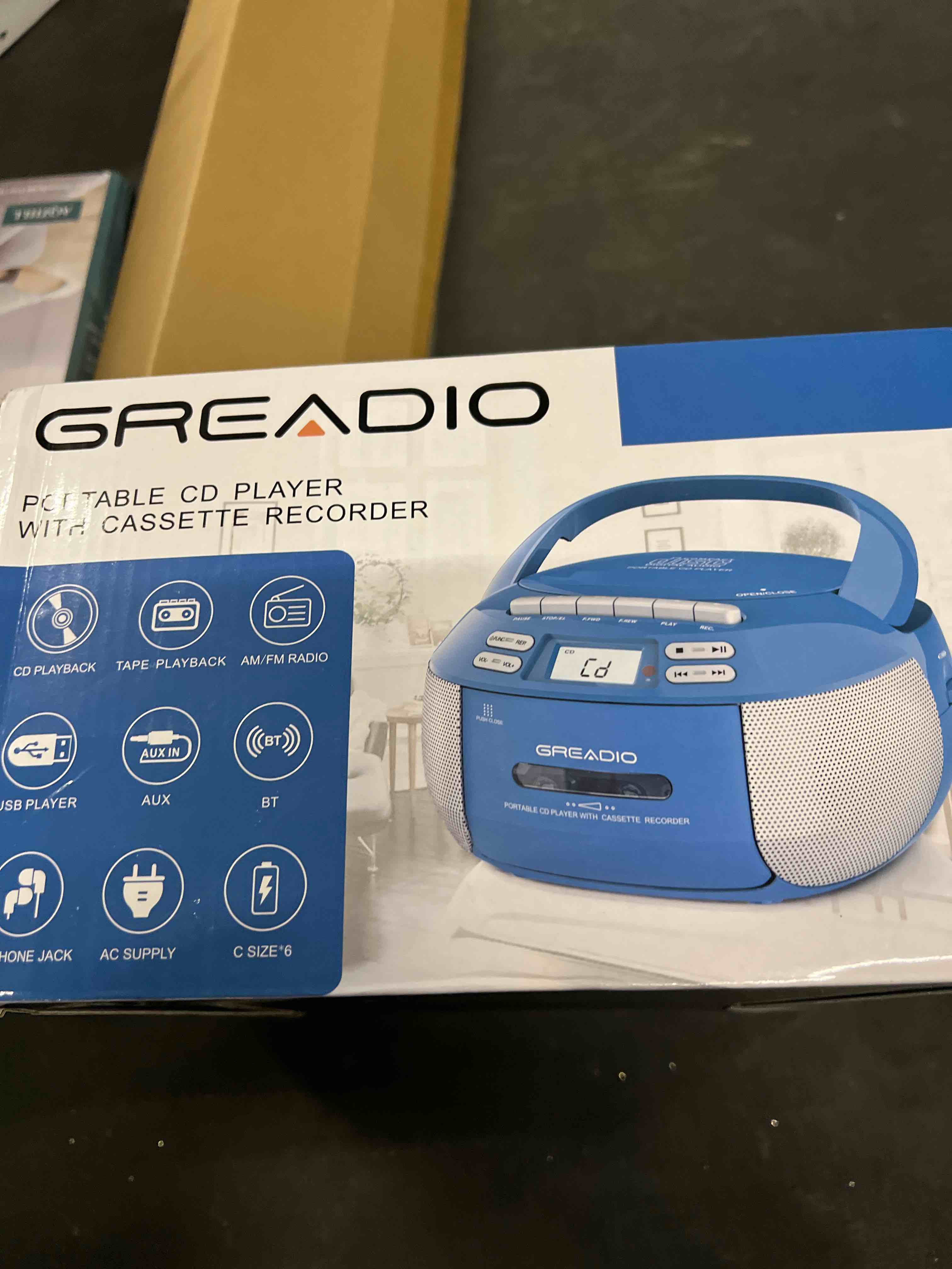 Condition photo showing Good Condition for Greadio CD Player Boombox Cassette Player Combo with Bluetooth,AM/FM Radio,Stereo Sound with Remote Control,AUX/USB Drive,Tape Recording,AC/DC Powered,Headphone Jack,LCD Display for Home,Kids,Gift White