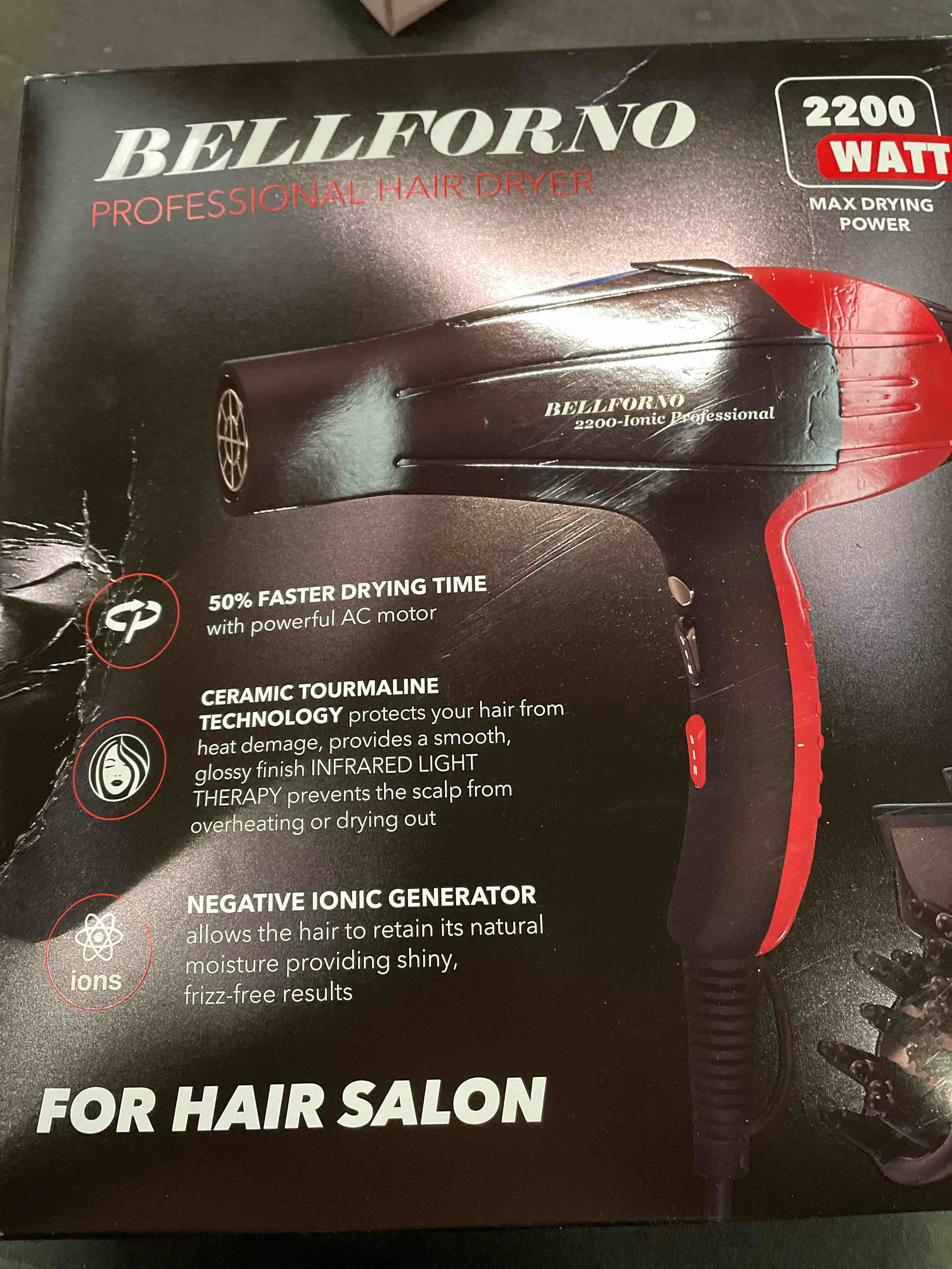 Condition photo showing Good Condition for Professional Ionic Salon Hair Dryer, 2200 Watt Powerful AC Motor Ceramic Tourmaline Ion Blow Dryer, Quiet Hair Dryers with Diffuser & 2 Concentrator Nozzle Attachments Black/Red