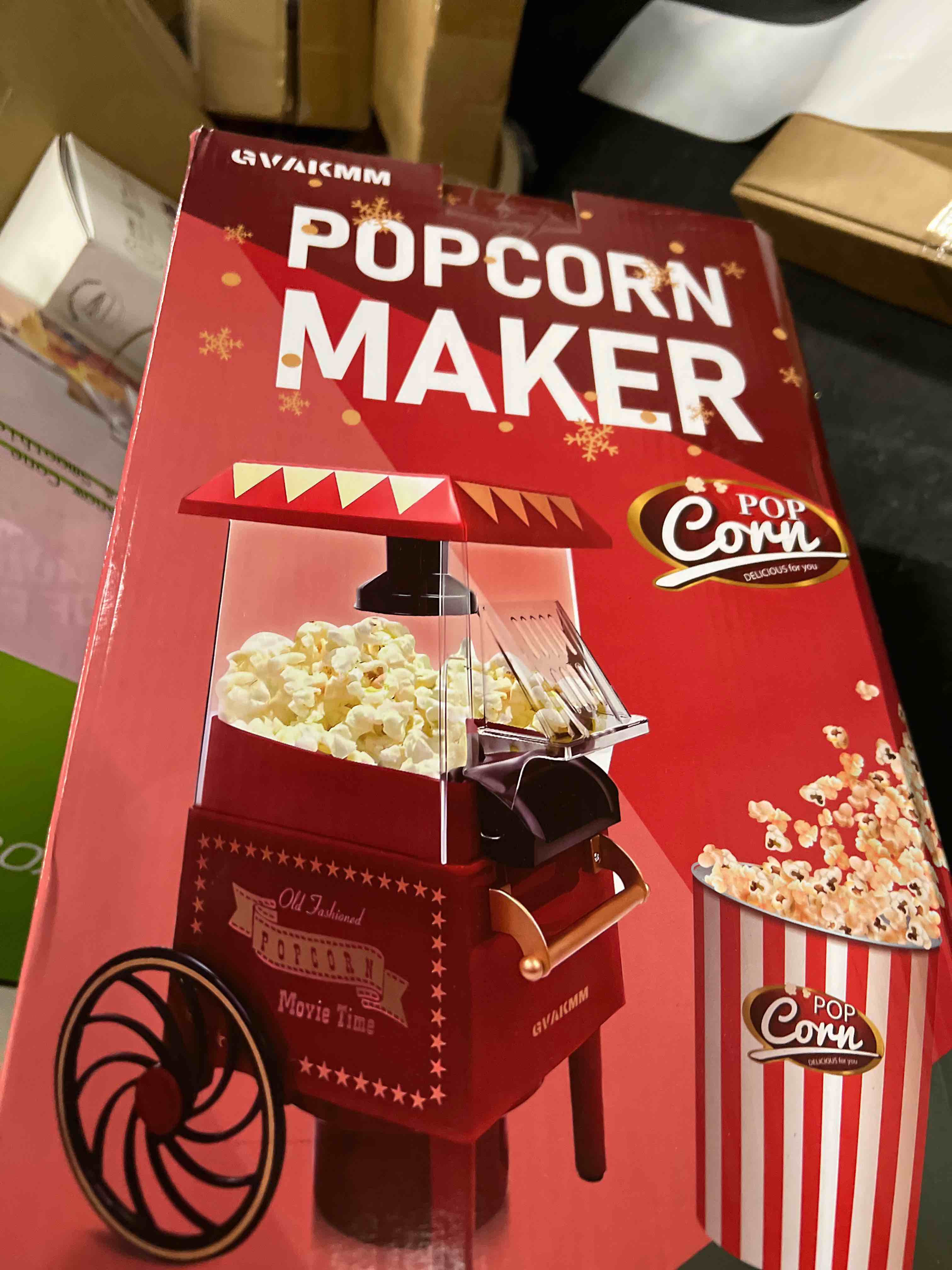 Condition photo showing Good Condition for Popcorn Machine, Hot Air Popcorn Maker Kit Gift Box, Portable Home Popcorn Popper Machine, 10-Cup,Oil-Free,Retro Style,Compact and Cute Christmas red