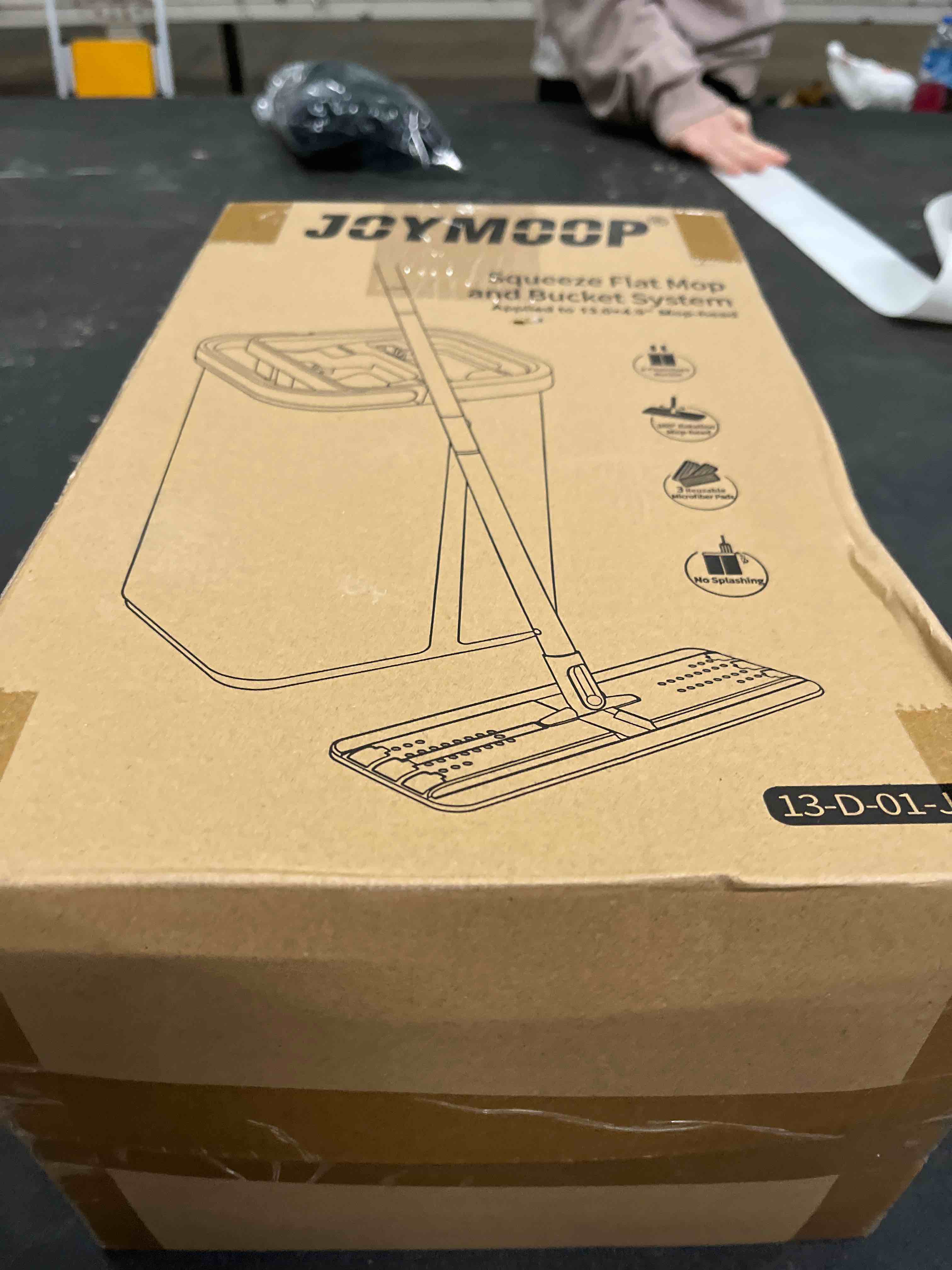 Condition photo showing Good Condition for JOYMOOP Mop and Bucket with Wringer Set, Hands Free Flat Floor Mop and Bucket, with 3 Washable Microfiber Pads, Wet and Dry Use, Floor Cleaning System Middle White Bucket #13 + 50" Flat Mop + 3 Pads
