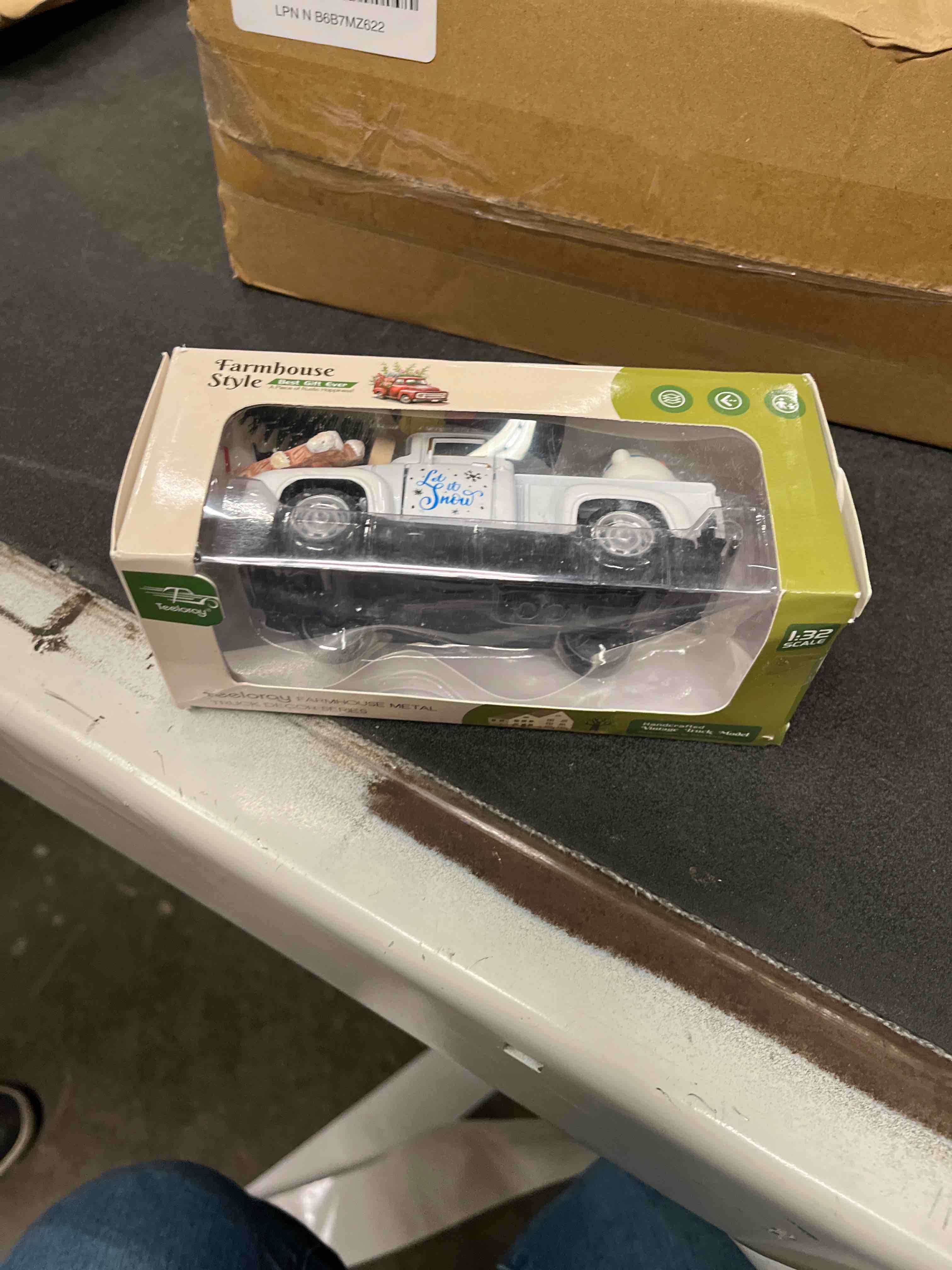 Condition photo showing Good Condition for Let It Snow Winter Snowflake Decorations Farmhouse Metal Truck with Mini Snowman Xmas Tree Figurines Christmas Table Decorations Indoor Holiday Winter Tiered Tray Decor for Home Kitchen Party Favor Let It Snow - White