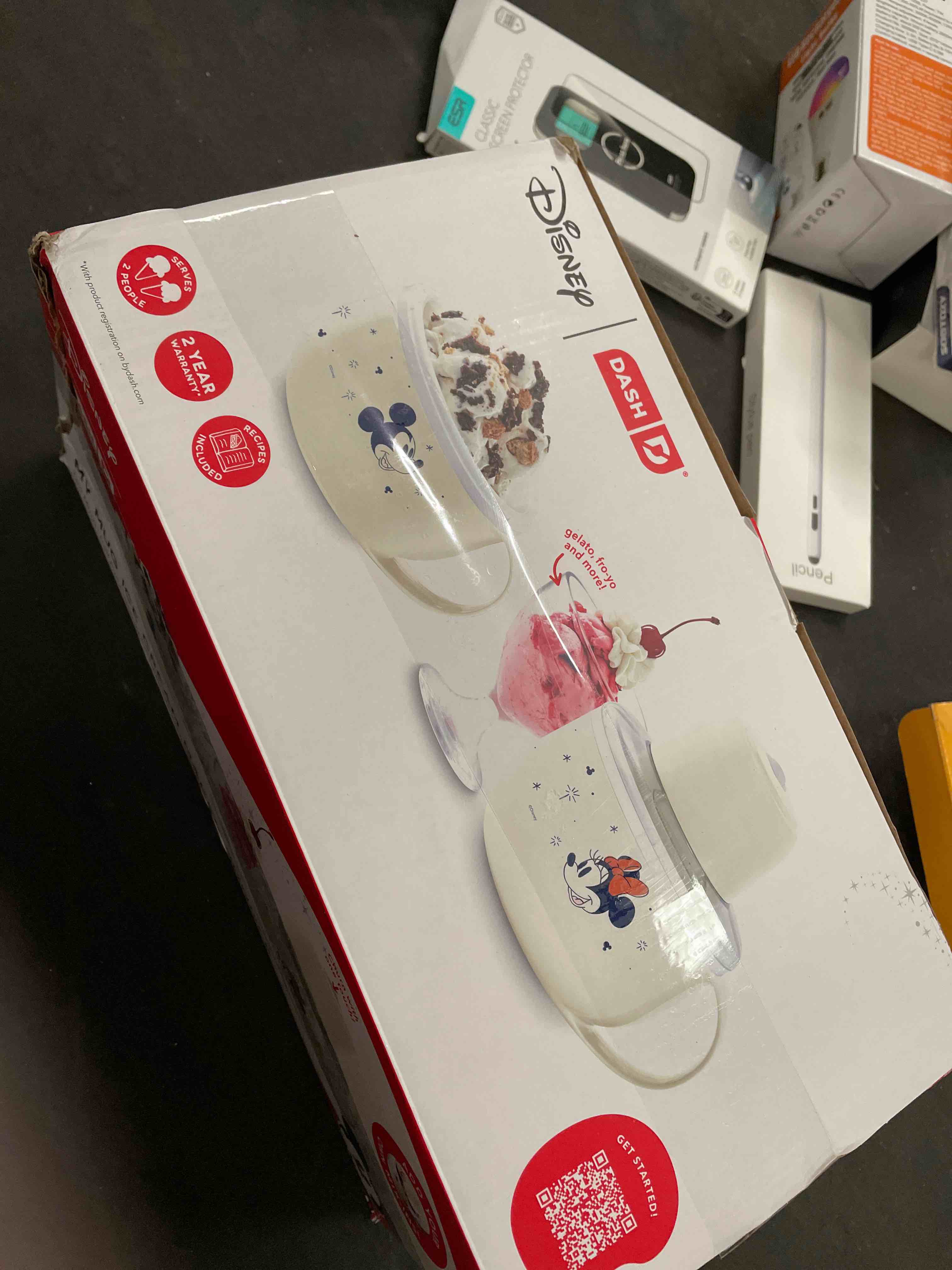 Condition photo showing Good Condition for Disney Dash My Mug Ice Cream Maker Bundle - Mini Electric Ice Cream Maker - Creates Gelato, Sorbet & Frozen Yogurt - Easy to Clean & Use - 2 Mugs, Mickey & Minnie Design 2 Bowls Mickey and Minnie