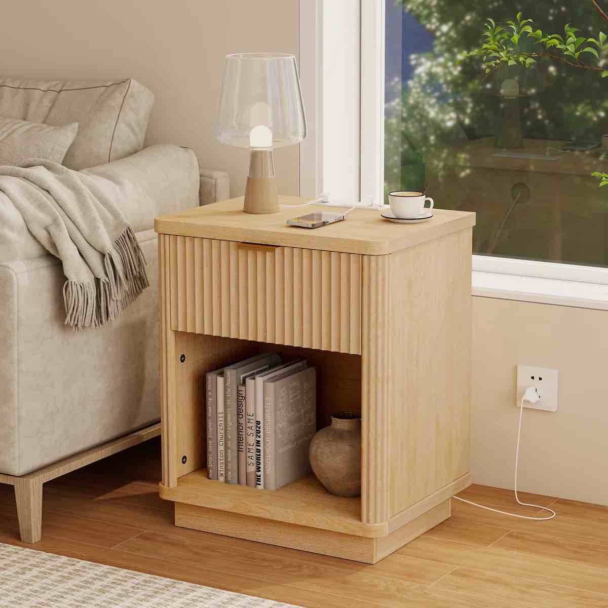 nightstand with charging station, black fluted wood bedside table with 1 drawer storage, 15"d x 19.7"w x 23.6"h