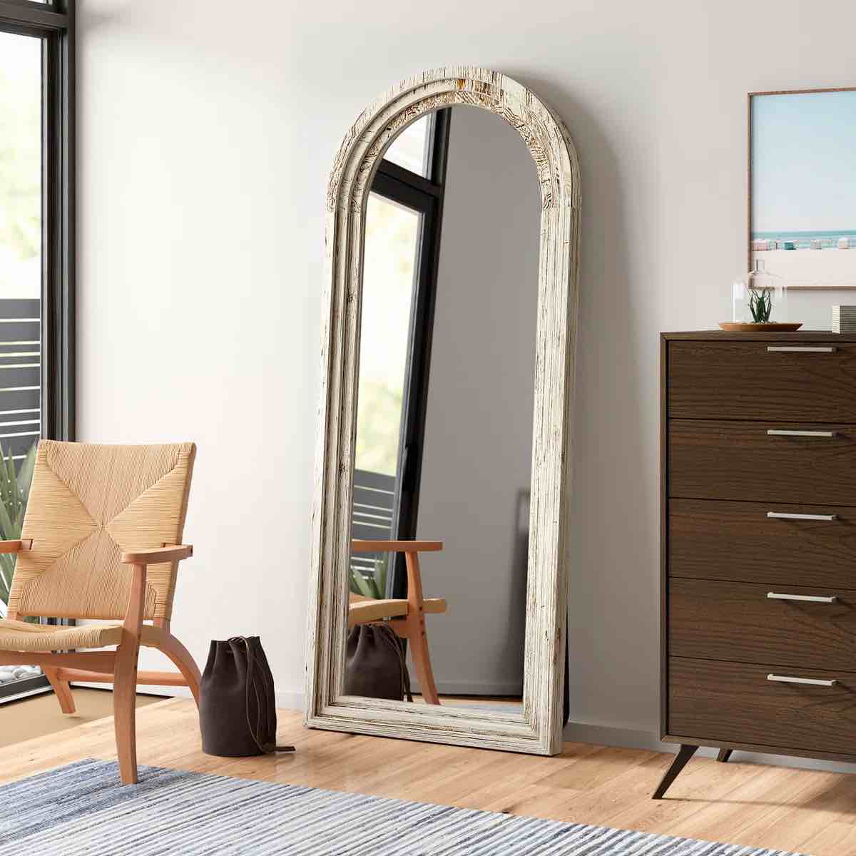 Borseth Arched Wood Frame Full Length Mirror with Stand