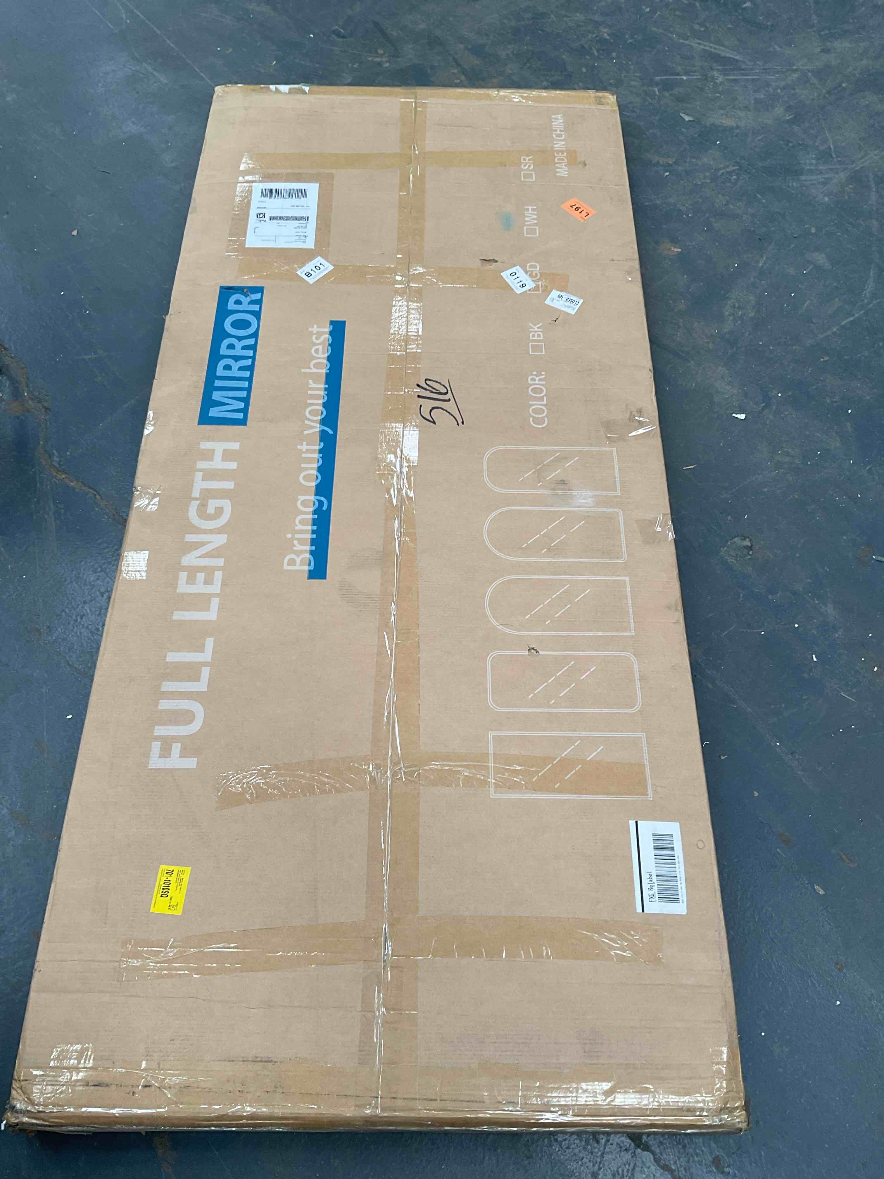 Condition photo showing Good Condition for Borseth Arched Wood Frame Full Length Mirror with Stand