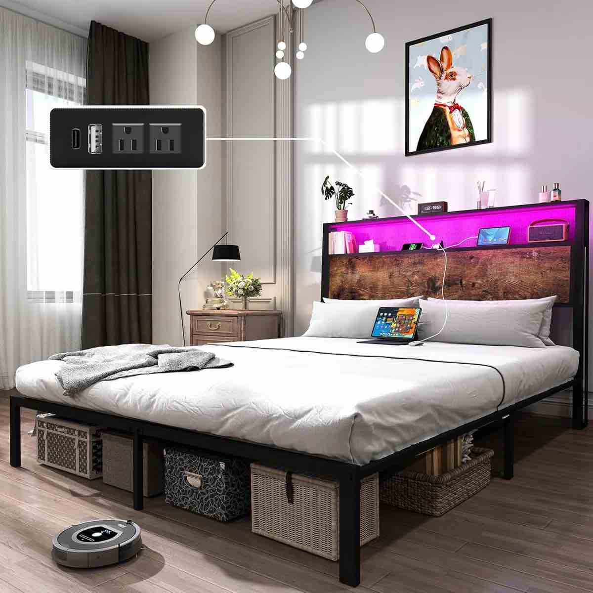 Bed Frame with 2-Tier Storage Headboard, Platform Bed with LED Lights and Charging Station, Underbed Storage Space