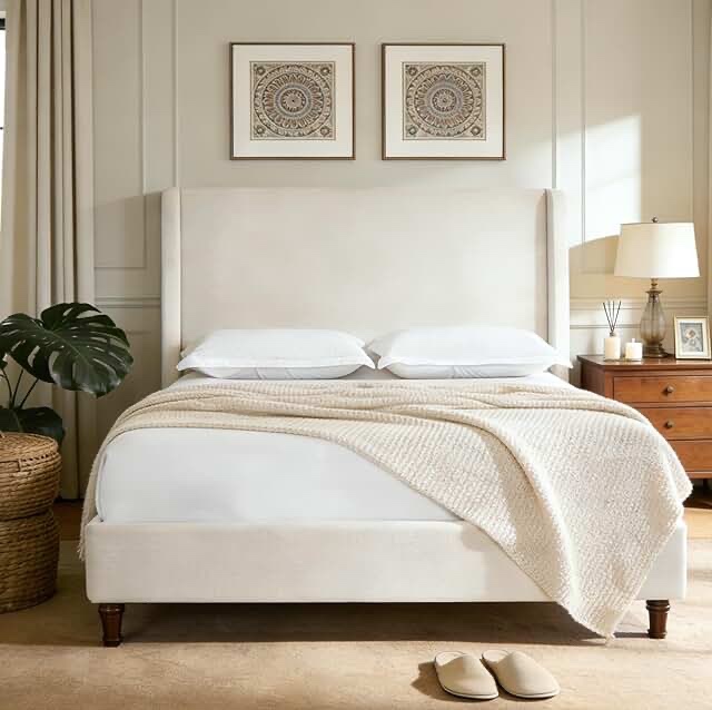 Mozter Upholstered Wingback Bed No Box Spring Needed