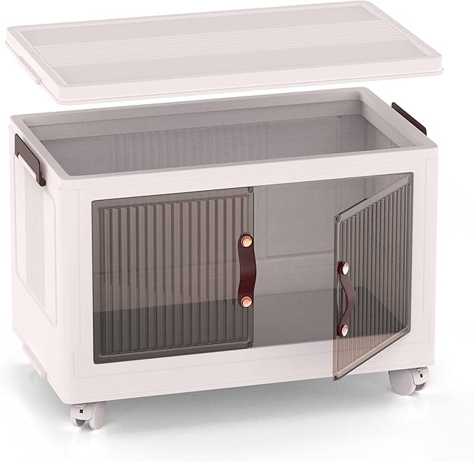 Stackable Plastic Storage Bins with Wheels | Folding Storage Box with Safety Latch Doors | Collapsible Storage Bins with Lids for Organizing Home Items | Cream - 1 Pack - 8.5 Gallon