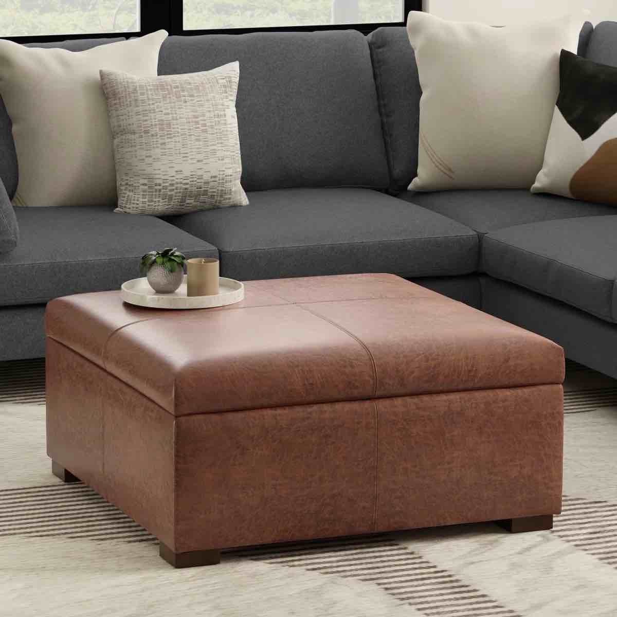 Gabbie 36"W Upholstered Vegan Leather Contemporary Square Lift-Up Coffee Table Storage Ottoman with Hidden Storage