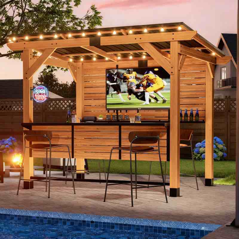 (INCOMPLETE) 6 Ft. X 8 Ft. Cedar Wood Bar Gazebo With Galvanized Steel Roof, Shelves Countertop – Entertainment Grill Pavilion For Outdoor Patio, Backyard, Garden (Box4)