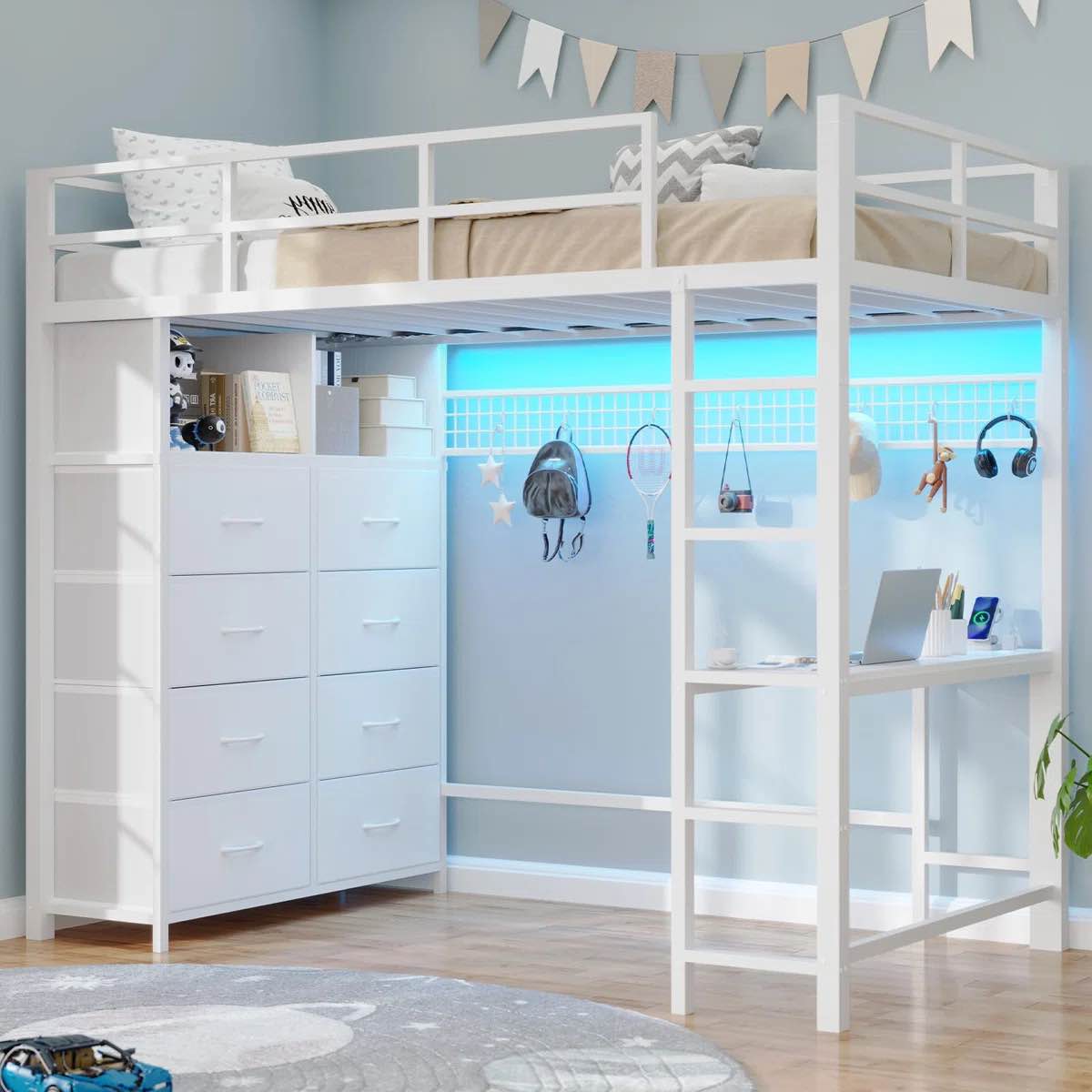loft bed with desk and 8 storage drawers, metal loft bed with led lights \u0026 charging sation, storage shelves, 13.1" h safety guard \u0026 ladder, no box spring needed,