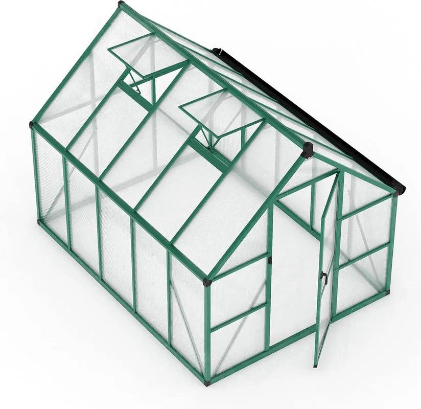 (INCOMPLETE) 8'x10' Aluminum Frame Polycarbonate Greenhouse with Roof Vent & Gutter, Heavy Duty Outdoor Kit