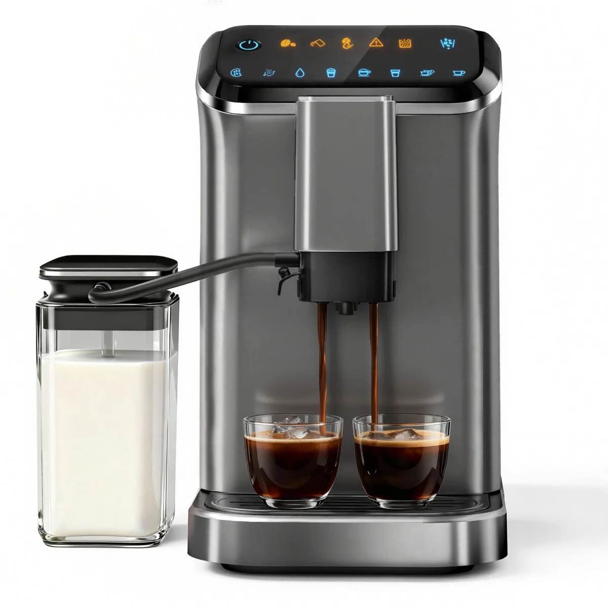 simzlife 20 bar fully automatic coffee and espresso machine with milk frother & smart touchscreen, self-cleaning, removable water reservoir, silver