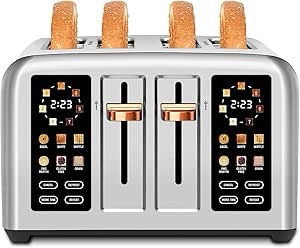 seedeem toaster 4 slice, stainless steel, touch screen for dual control, digital timer, smart toaster with 6 bread type, 7 shade setting, 1.5''wide slot, removable crumb tray, 1800w,metallic