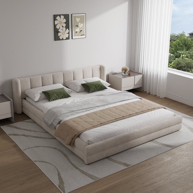 queen size chenille upholstered low bed frame, platform bed with wingback headboard